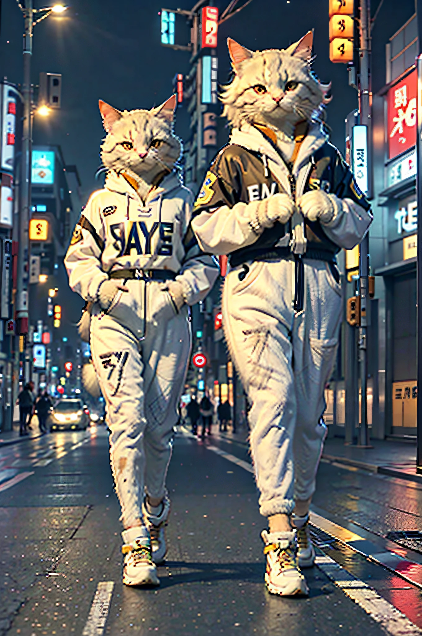 White female c4ttitude, Attentive eyes ,fur, challenger, agile, engaging, Fashion clothing,nylon, Fast paws,walking at street, (Tokyo Night Street Background 2021),Masterpiece, Best quality, Ultra-detailed,8K wallpaper,Hyper-Resolution， Unreal 5