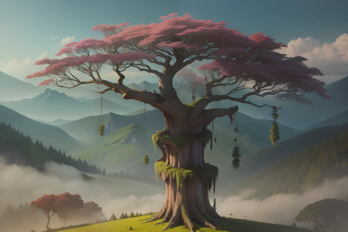 photo-realistic, 1000 years of history, Alone is a huge old tree, Over 500 feet,dense((Purple leaves)),The leaves cover the huge canopy,Ganoderma lucidum,Above the hills, Mottled moss grows on brown bark, There are huge branches on the tree,Hundred tree root strips,blue-sky,high saturated