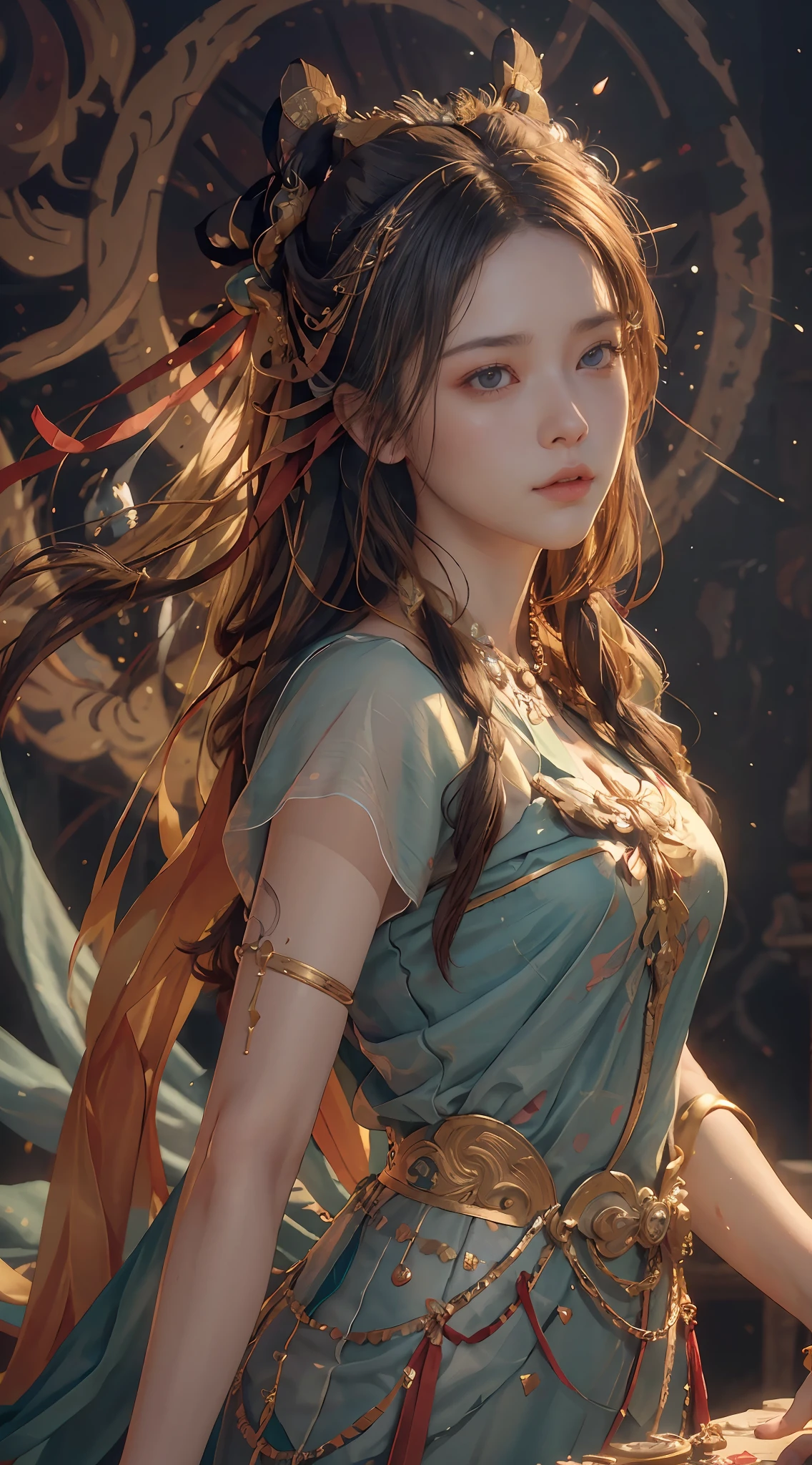 (RAW photo, best quality), (realistic, photo-realistic:1.3),best quality,highly detailed,masterpiece,ultra-detailed,illustration,1girl,upper_body,dynamic angle,world masterpiece theater,messy_long_hair,best quality,extremely detailed CG unity 8k wallpaper,ink,Amazing,cinematic lighting,lens_flare,,dunhuang_style