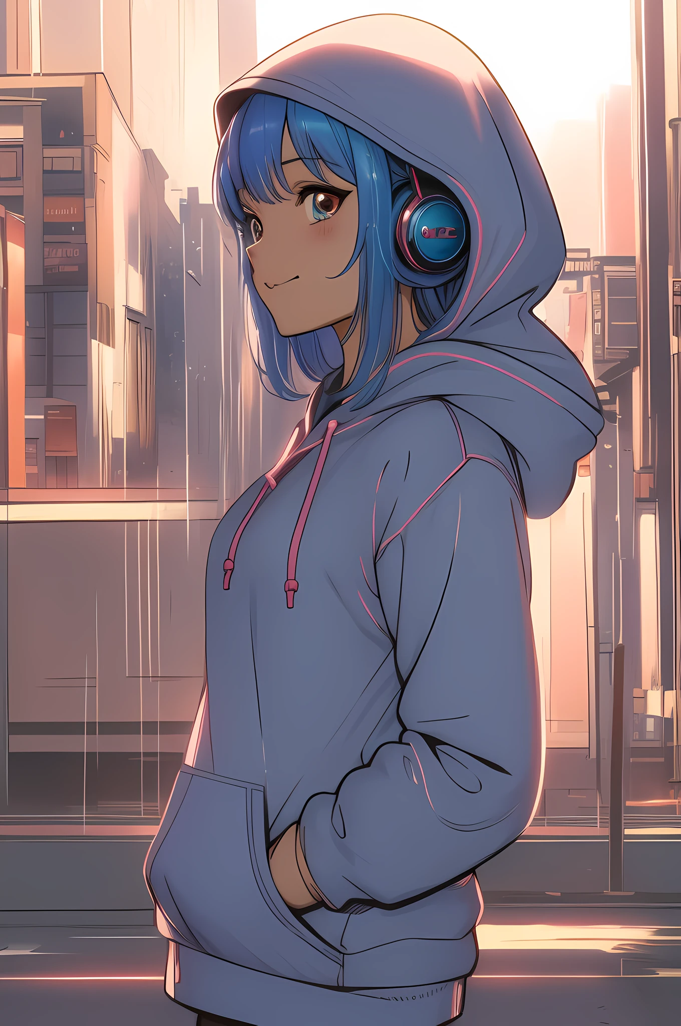 Anime girl in Hoodie standing in front of a city street, Garota de anime cyberpunk com capuz, estilo anime 4K, estilo anime. 8k, manga-style, com fones de ouvido, estilo de anime limpo e detalhado, fanart menina urbana, estilo anime moderno, estilo anime hiper detalhado, Contornos de anime limpos, 4 k manga wallpaper, com capuz, anime vibes, pintura colorida, cores vibrantes, pintura perfeita