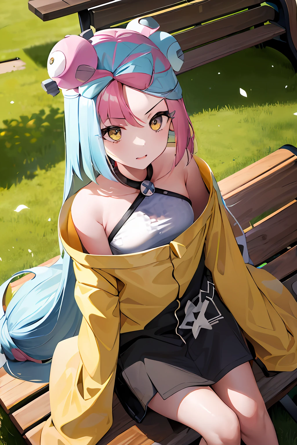 masterpiece, best quality, highres, iono1, 1girl, long hair,  yellow jacket, off shoulder,  hair ornament, bench, sitting,