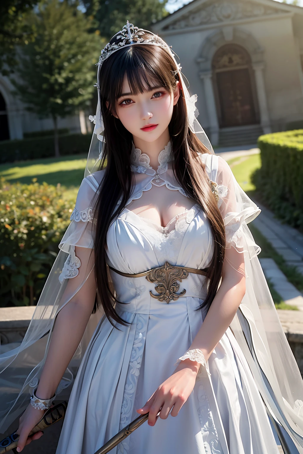 ((Masterpiece))), ((Best Quality))), ((Ultra Detail)), (Ultra Realistic), (High Definition CG Illustration), Cinematic Light, Photorealistic,Very Beautiful Lady,, Light Makeup, Intricate Details EABA, White Intricate Cloak, Dynamic Pose, Spear