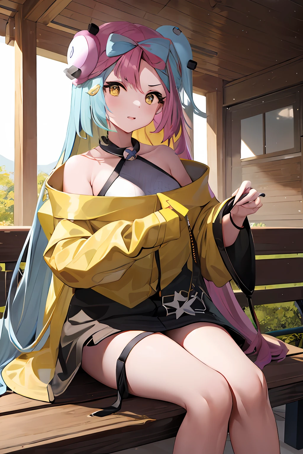 masterpiece, best quality, highres, iono1, 1girl, long hair,  yellow jacket, off shoulder,  hair ornament, bench, sitting,