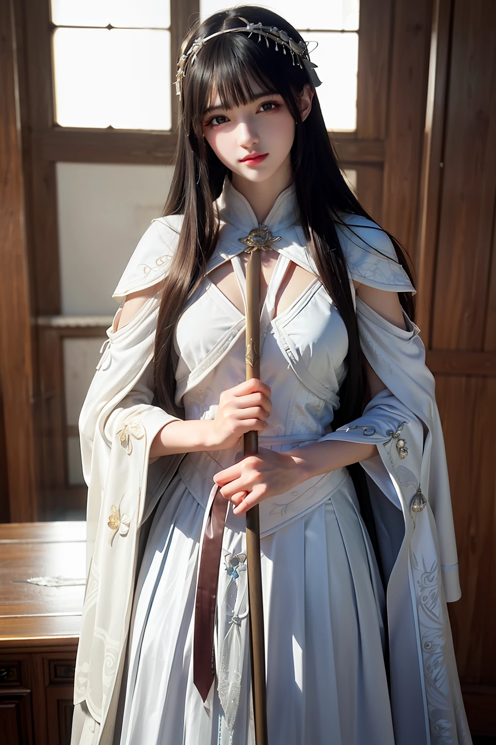 ((Masterpiece))), ((Best Quality))), ((Ultra Detail)), (Ultra Realistic), (High Definition CG Illustration), Cinematic Light, Photorealistic,Very Beautiful Lady,12 Year Old Daughter, Light Makeup, Intricate Details EABA, White Intricate Cloak, Dynamic Pose, Spear
