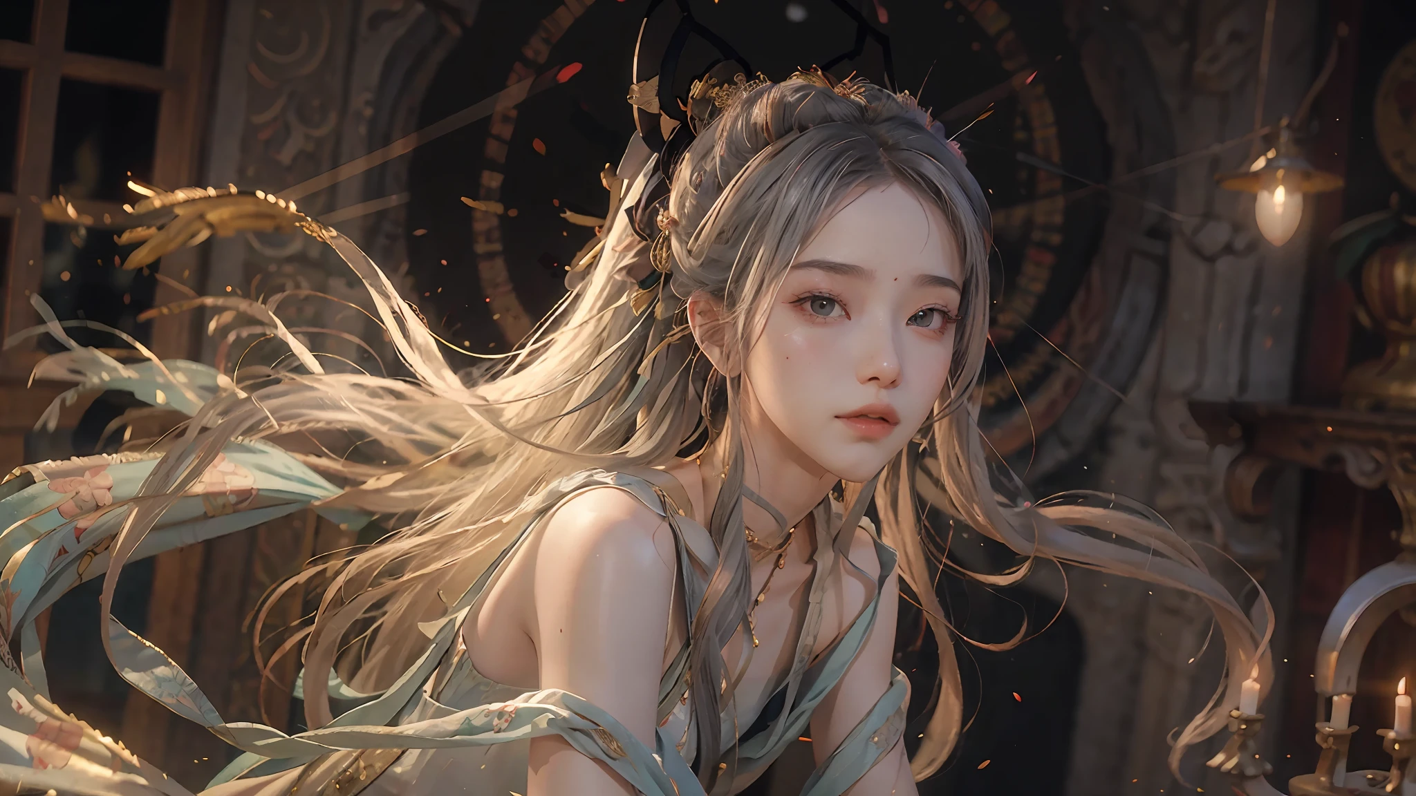 (RAW Photo, Best Quality), (Realistic, Photorealistic Real: 1.3), Best Quality, Highly Detailed, Masterpiece, Ultra Detailed, Illustration, 1 Girl, upper_body, Dynamic Angle, World Mastery Theater, messy_long_hair, Best Quality, Extremely Detailed CG Uniform 8k Wallpaper, Ink, Amazing, Sexy, Peach Blossom Eyes, Gray Hair, Smile, Movie Lights, lens_flare, dunhuang_style