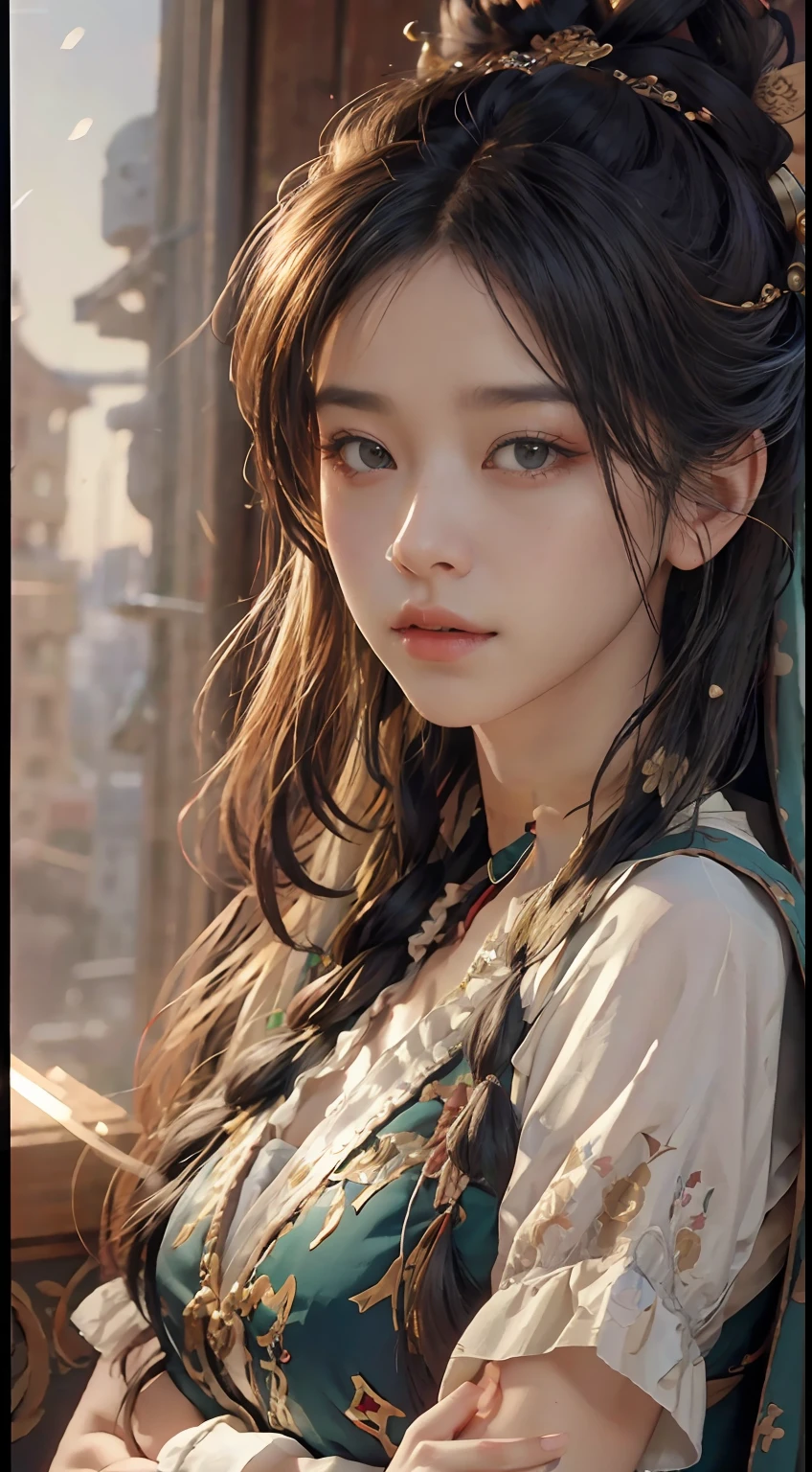(RAW photo, best quality), (realistic, photo-realistic:1.3),best quality,highly detailed,masterpiece,ultra-detailed,illustration,1girl,upper_body,dynamic angle,world masterpiece theater,messy_long_hair,best quality,extremely detailed CG unity 8k wallpaper,ink,Amazing,cinematic lighting,lens_flare, dunhuang_style,巨乳,性感