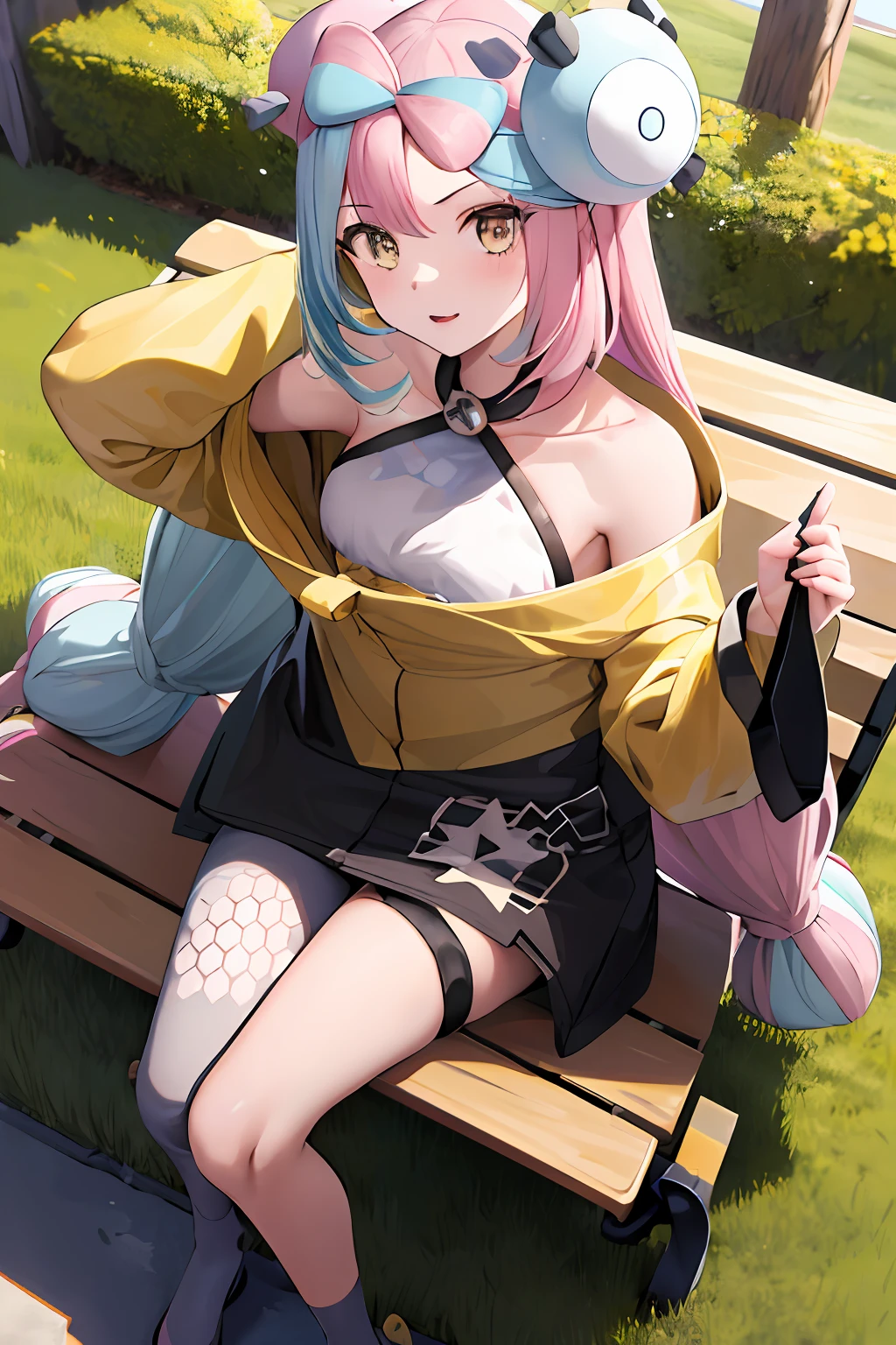 masterpiece, best quality, highres, iono1, 1girl, long hair,  yellow jacket, off shoulder,  hair ornament, bench, sitting,