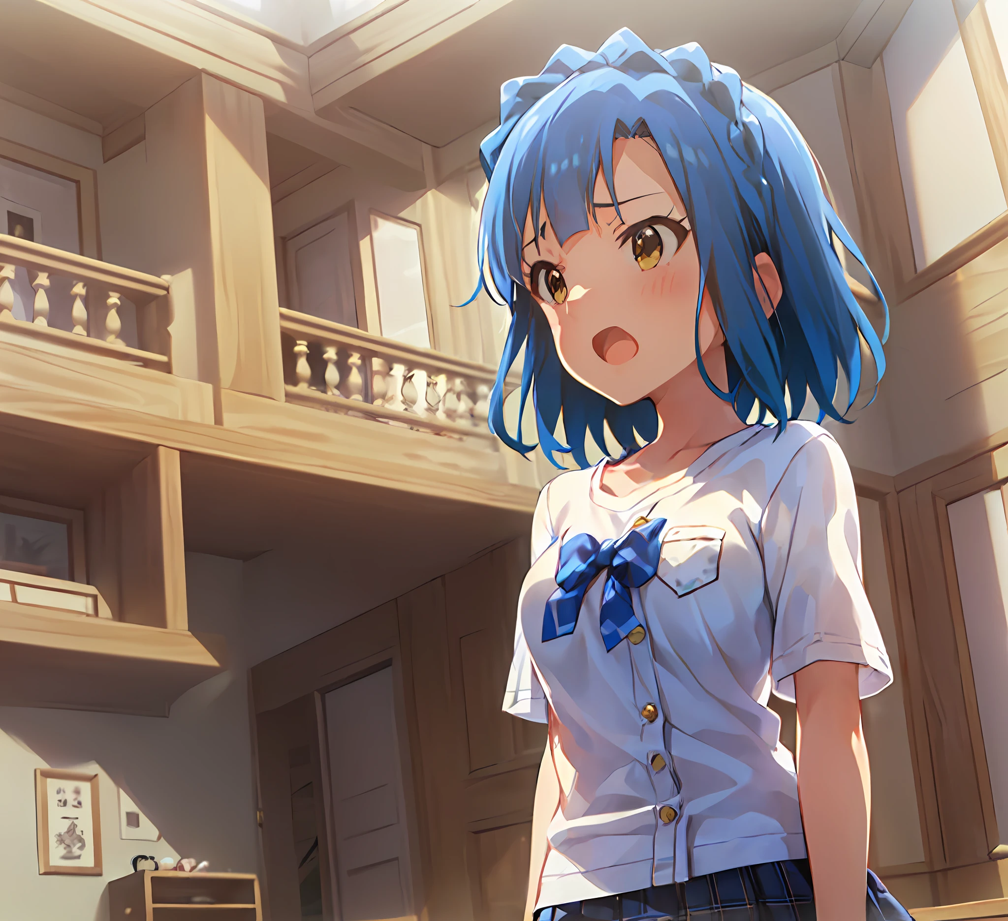 Anime girl with blue hair and blue skirt standing in front of a ...