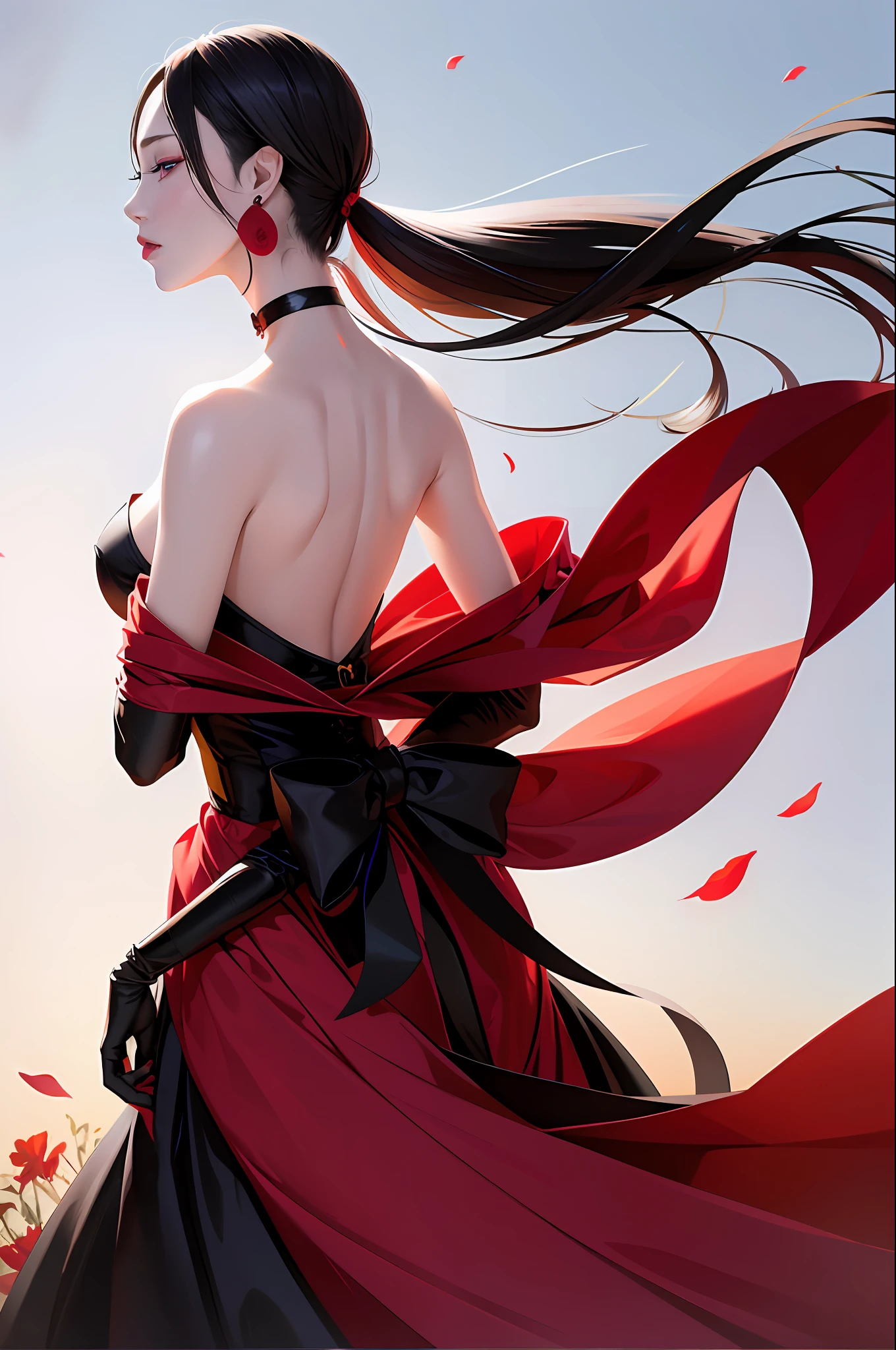 tsuruta ichiro, Narrow-eyed, 1girl in, Allback、shorth hair、brow、Reluctance、A dark-haired、Tucked Hair Solo, Cowgirl, Red dress,  ((mideum breasts)), Thin slit eyes、blue grey eyes, Random colored hair, gloves, Dress,  Jewelry, earrings, sharp eye、Red Glove, elbow groves,Raise your hands and tie your hair back, random color, random color dress, From Side, makeup, Slender eyes、lip stick, Complex petal pattern, Rim Light, Back Light, pastel color,