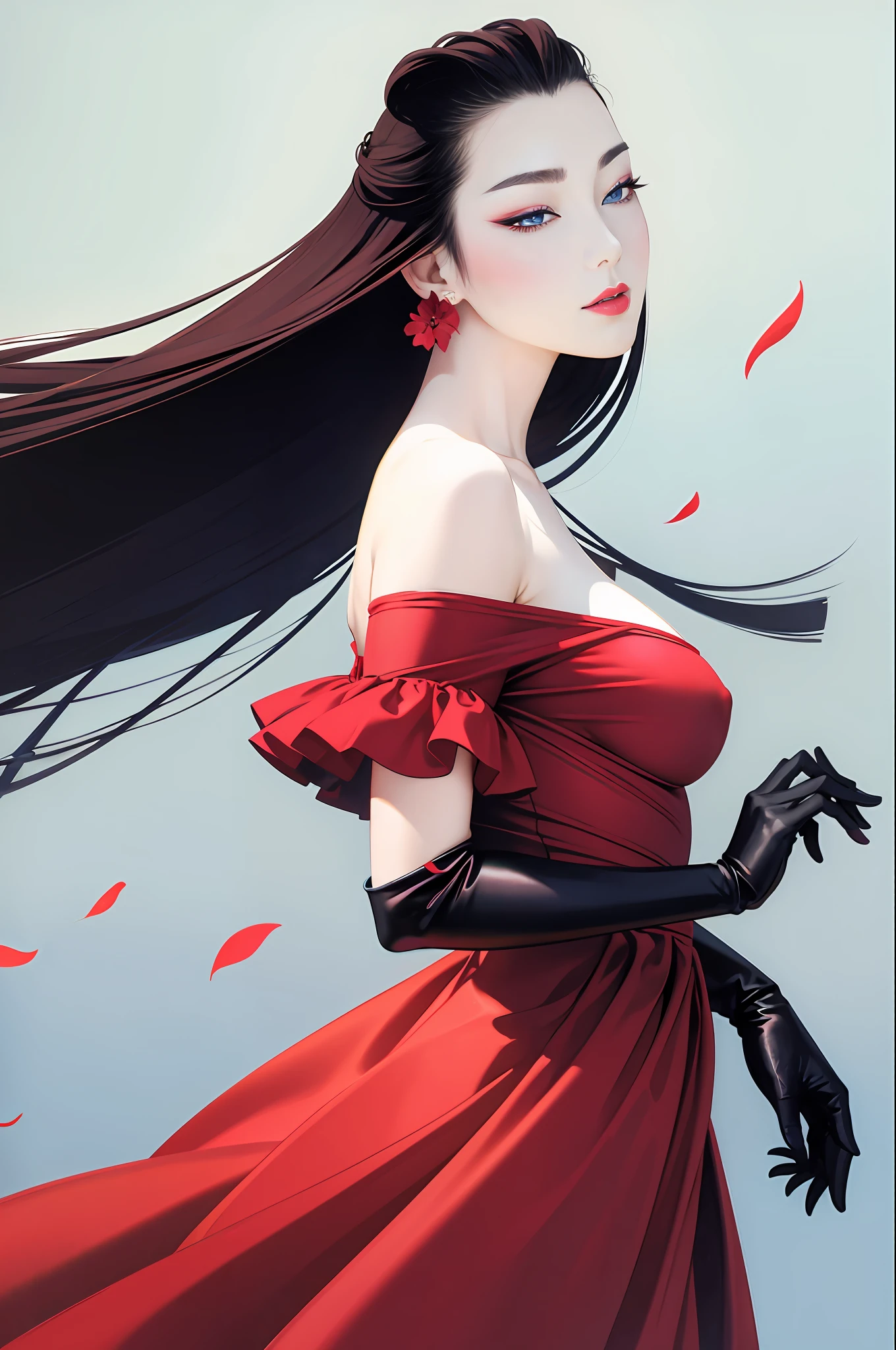 tsuruta ichiro, Narrow-eyed, 1girl in, Allback、shorth hair、brow、Reluctance、A dark-haired、Tucked Hair Solo, Cowgirl, Red dress, ((mideum breasts)), Thin slit eyes、blue grey eyes, Random colored hair, gloves, Dress, Jewelry, earrings, sharp eye、Red Glove, elbow groves,Raise your hands and tie your hair back, random color, random color dress, From Side, makeup, Slender eyes、lip stick, Complex petal pattern, Rim Light, Back Light, pastel color,