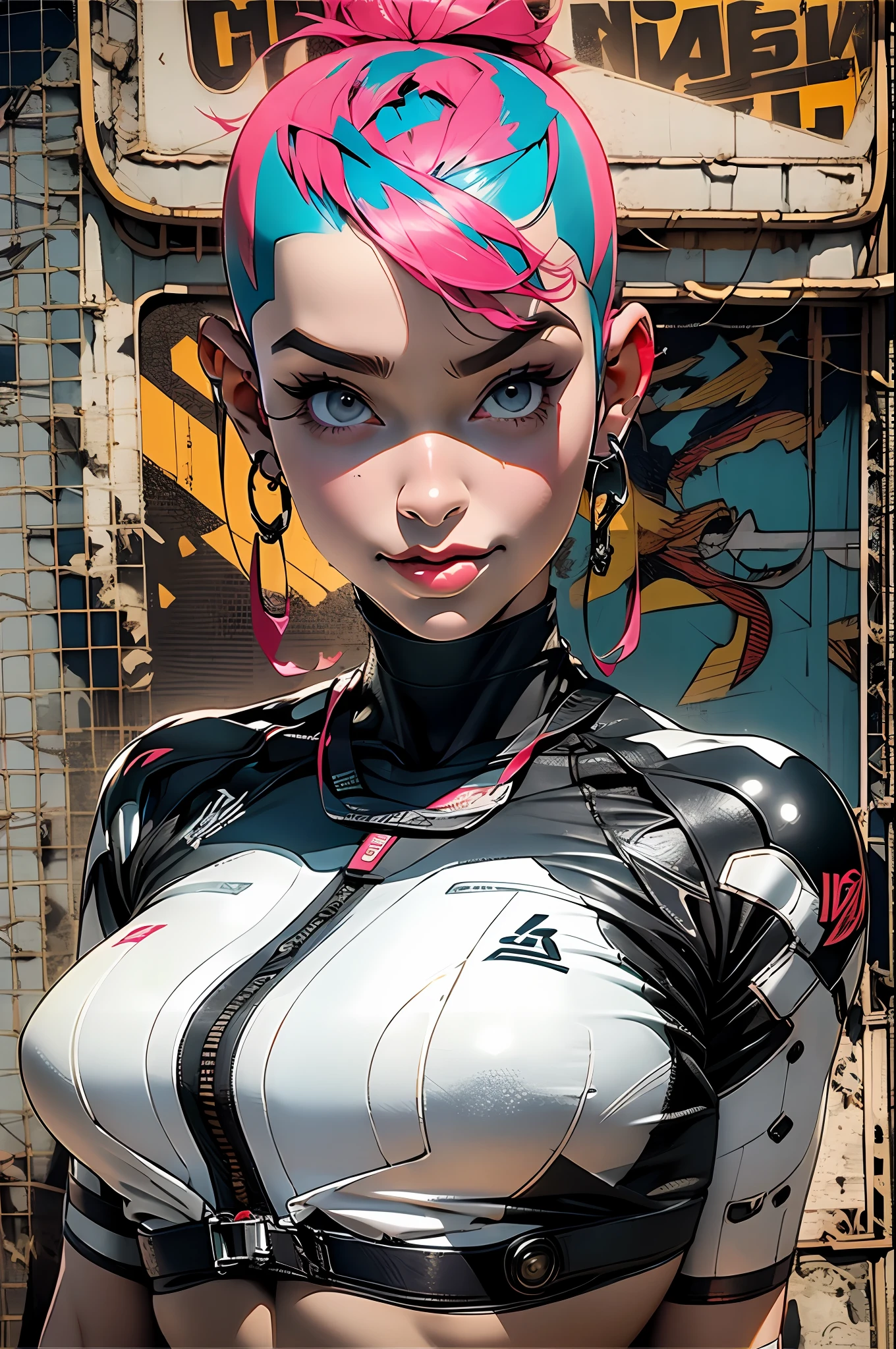 Rex, Rex, ((( corpo inteiro ))), master part, best quality, super detalhe, 8k, mulher linda, Tank Girl com cara de maluca, sorriso malicioso , roupa techno, (((corpo inteiro))), cabelo moicano colorido, garota punk, post-apocalyptic world, (( do tanque )), Nijistyle, roupas rasgadas e sujas, moicano curto, sides of shaved head, rosto limpo, corpo inteiro, Peito Inferior