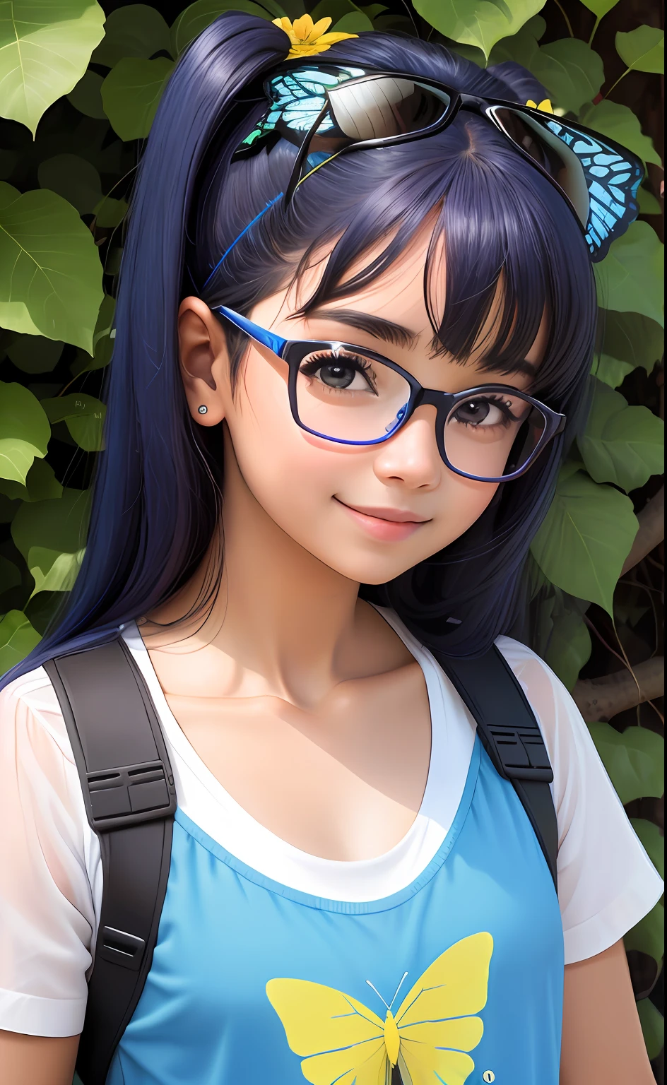 (highres, High lighting, 4k), red rimmed glasses, rosto longo, 1girl, Negra, rosto, rosto detalhado, olho azul, sentada em uma bicicleta com uma cesta na bicicleta repleta de flores nojardim, cabelo muito curto encaracolado, She has a butterfly on her head, rosto fechado, sol no meio-dia, sorriso, :), olhando para o espectador, perto - intensidade acima, vestido azulzinho muitas flores coloridas , olhos meio fechados,