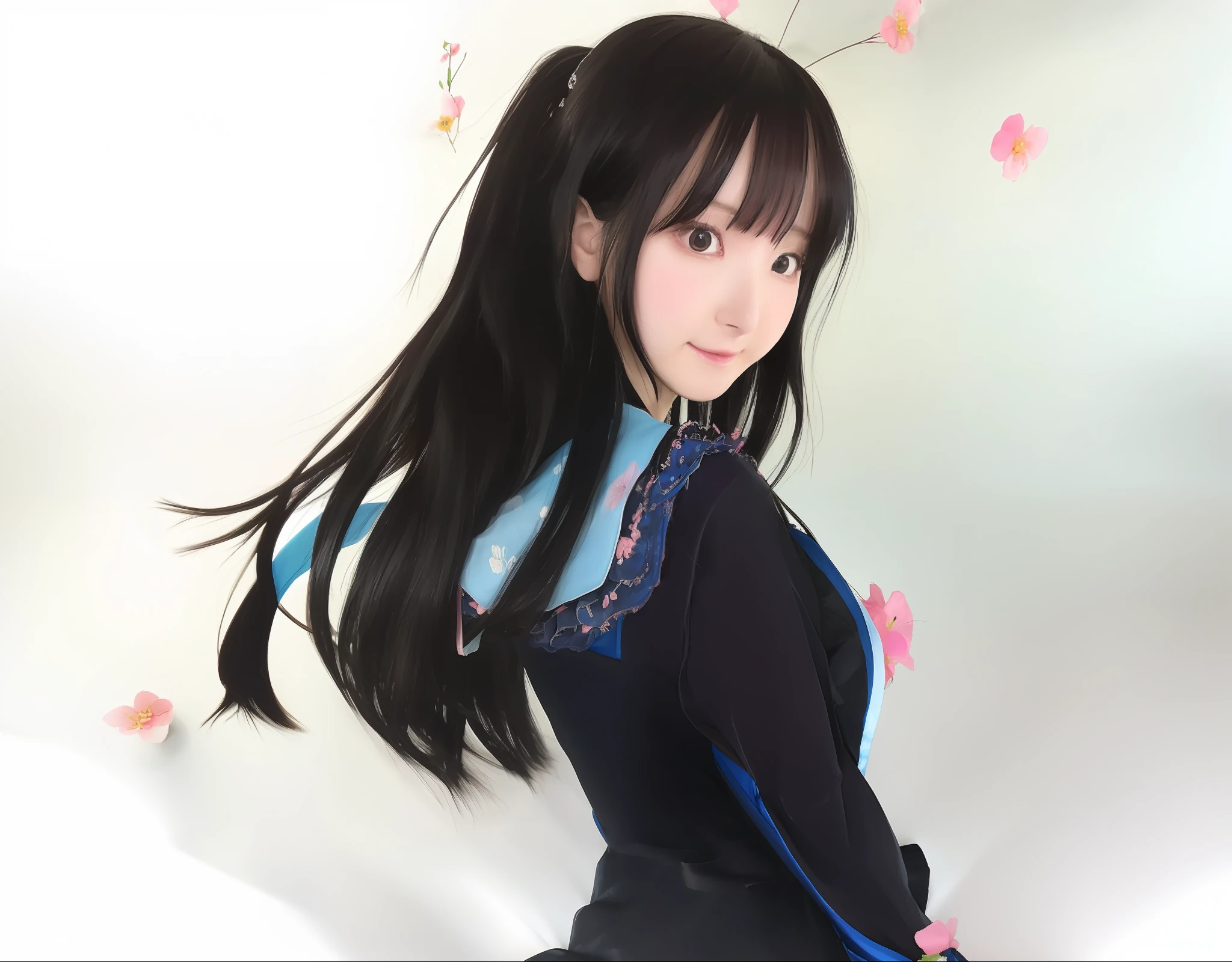 anime girl with long black hair and blue dress with pink flowers, iwakura lain, anime visual of a cute girl, close up iwakura lain, anime best girl, anime moe artstyle, beautiful anime high school girl, an anime girl, (anime girl), marin kitagawa fanart, shuushuu anime image, anime portrait of shiina ringo