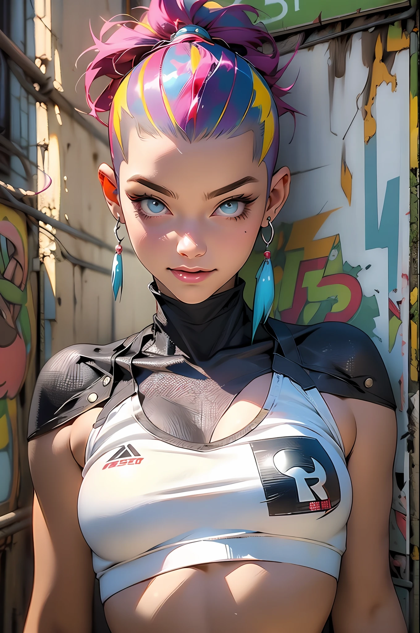 Rex, Rex, ((( corpo inteiro ))), master part, best quality, super detalhe, 8k, mulher linda, Tank Girl com cara de maluca, sorriso malicioso , roupa techno, (((corpo inteiro))), cabelo moicano colorido, garota punk, post-apocalyptic world, (( menina do tanque )), Nijistyle, roupas rasgadas e sujas, moicano curto, sides of shaved head, rosto limpo, corpo inteiro, Peito Inferior