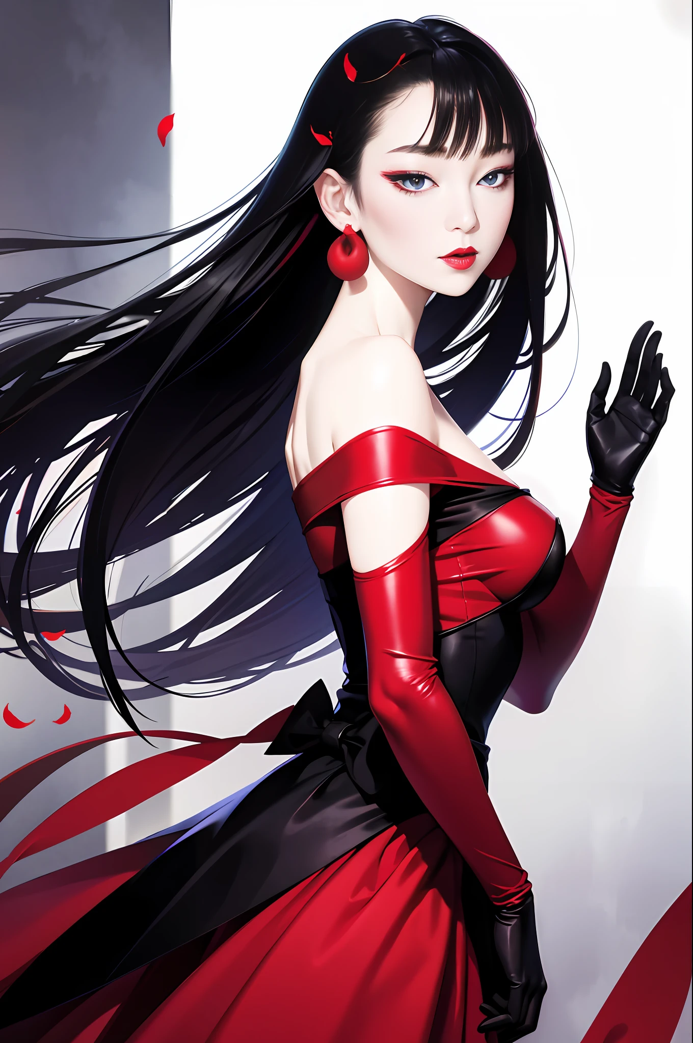 tsuruta ichiro, Narrow-eyed, 1girl in, Allback、shorth hair、brow、Reluctance、A dark-haired、Tucked Hair Solo, Cowgirl, Red dress, ((mideum breasts)), Thin slit eyes、blue grey eyes, Random colored hair, gloves, Dress, Jewelry, earrings, sharp eye、Red Glove, elbow groves,Raise your hands and tie your hair back, random color, random color dress, From Side, makeup, Slender eyes、lip stick, Complex petal pattern, Rim Light, Back Light, pastel color,
