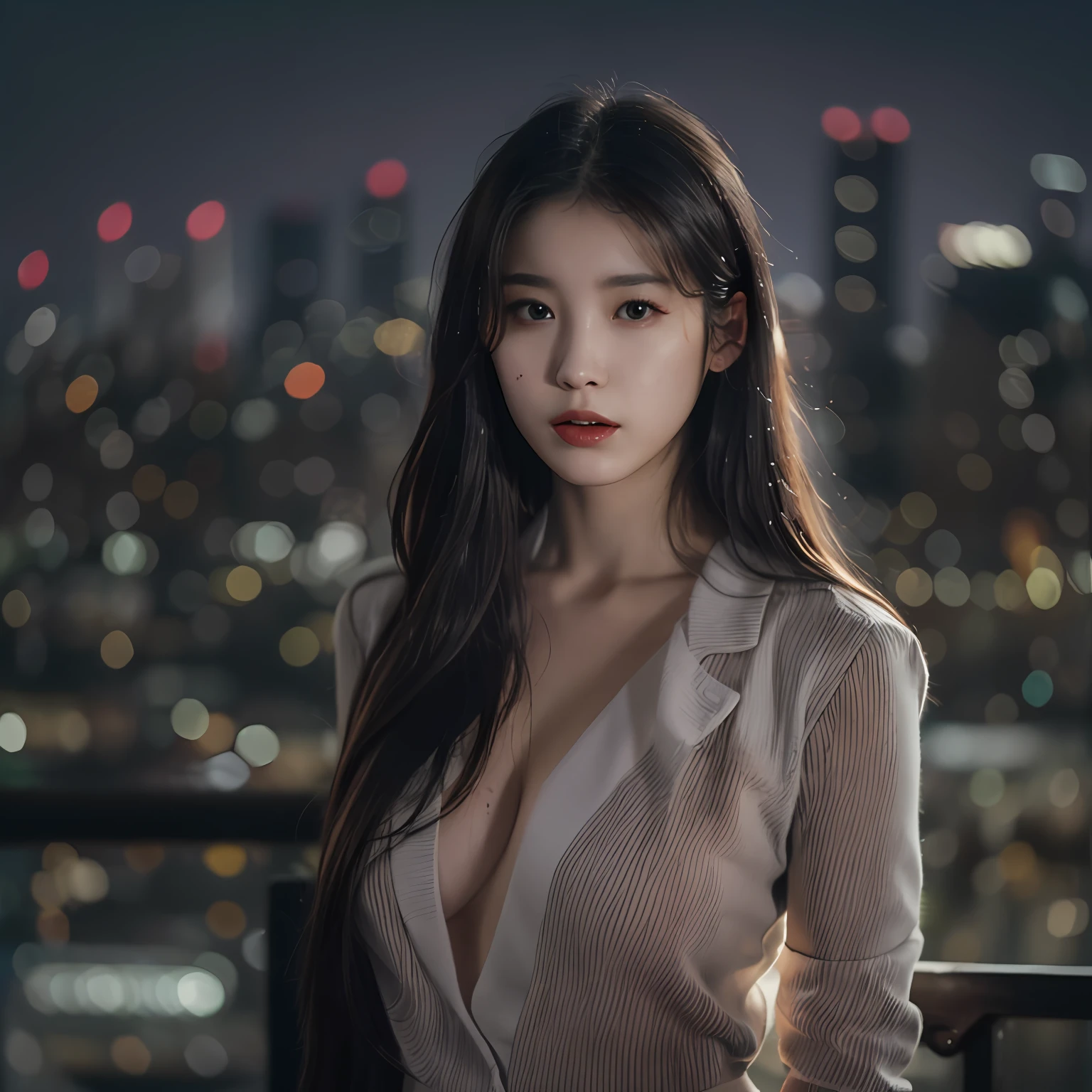 nikon RAW photo,8 k,Fujifilm XT3,photorealistic,realistic, solo, photorealistic, best quality, ultra high res, (skin spots:0.1) serious expression, , standing against a city skyline at night,business suits, short, wet and tight shirt, skirtless and pantyless, masterpiece, best quality, extremely detailed face, perfect lighting, solo,1girl, sexy sight best quality, ultra high res, photorealistic, ultra detailed, masterpiece, best quality, iu1, big buttocks
