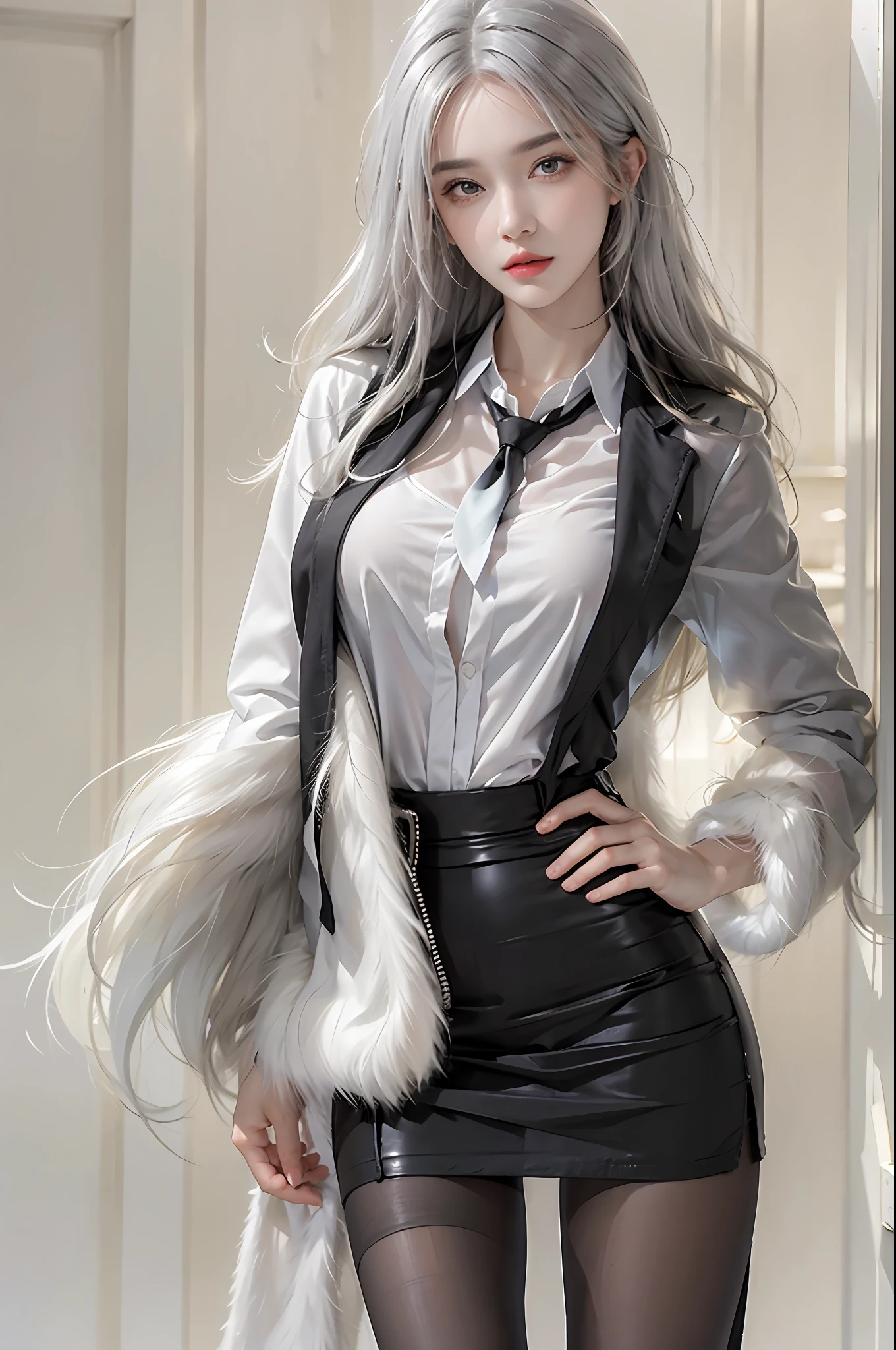 photorealistic, high resolution, 1 women, solo, hips_up, hips up, beautiful eyes, look at viewer, close lips, detailed face, white hair, long hair, collared shirt, black necktie,black skirt, pencil skirt, fur coat, stockings