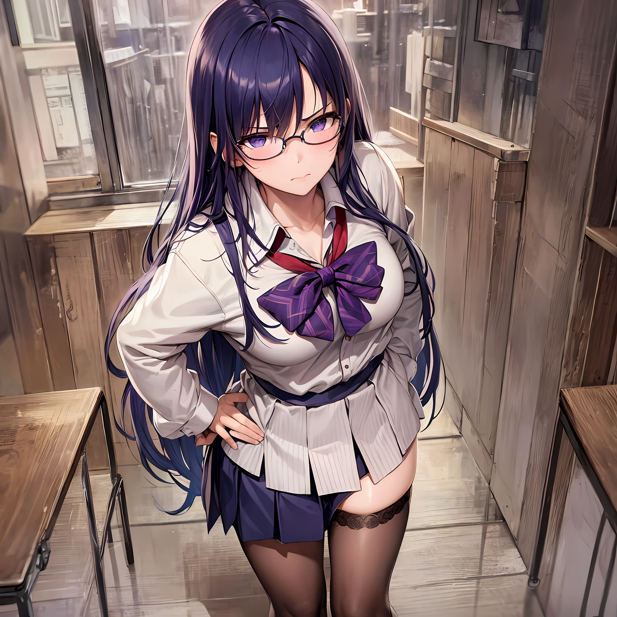 Gilr,(masterpiece, best quality, ultra detailed, hyper realistic, photo),delicate pattern, detailed background, uncensored completely,
1raiden shogun, cowboy shot, japanese girl, class room,
school uniform, loose collar, skirt, looking over eyewear,
hair between eyes,
put up index finger and one hand on hip, angry with puffed cheeks,
from above, leaning forward,