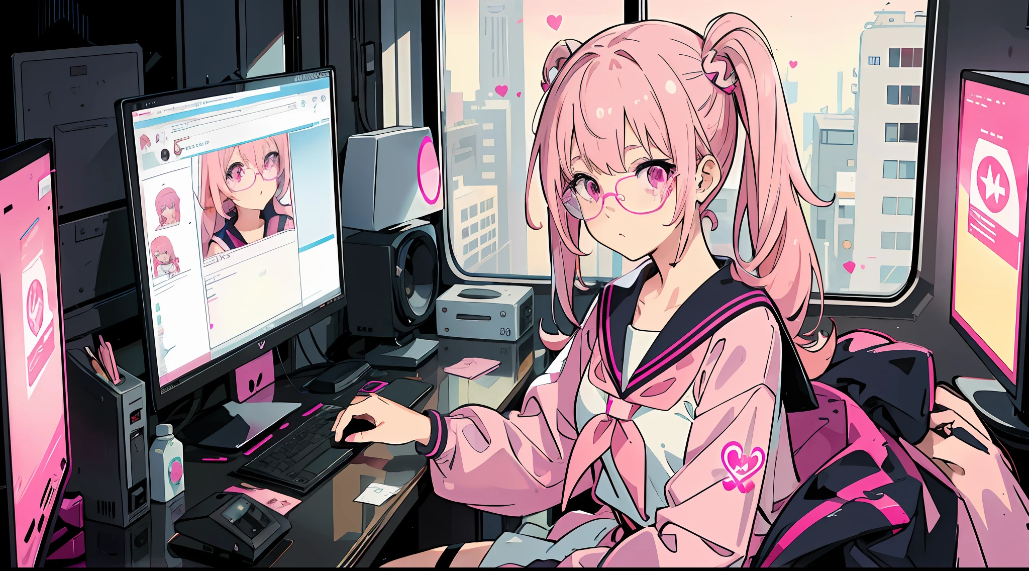 1girl in, Pink hair, Pink eyes, Glasses, Sailor Suit, Pink Cyberpunk, Room with many monitors, Pink fluorescent lamp
