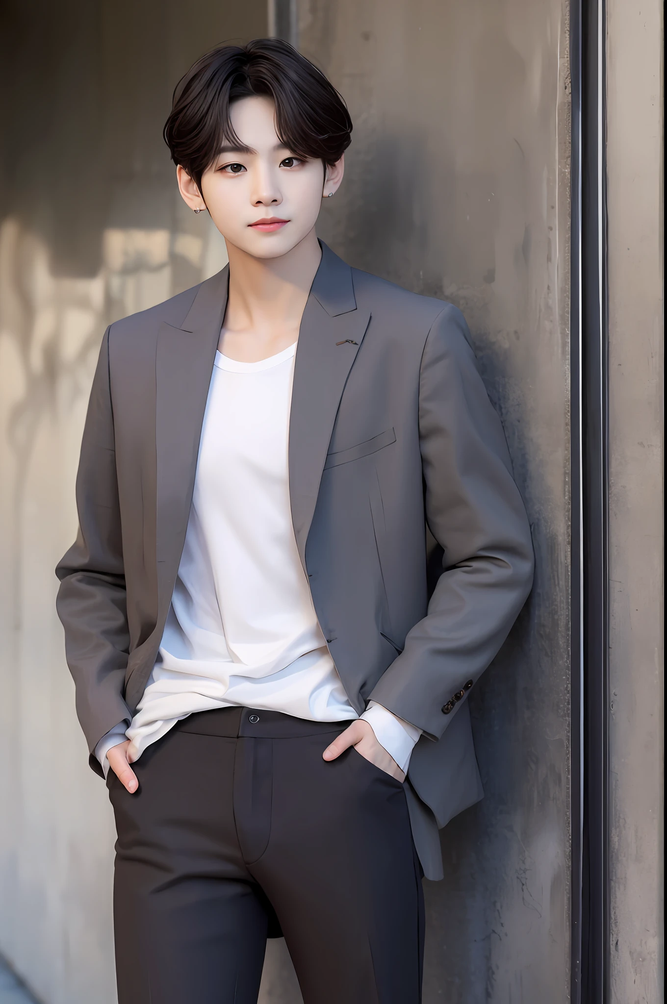 Standing on a street corner (((taetae1))) (((1 ))) ((the whole body is visible)), he is a man. longe do espectador. He is beautiful, Sexy and young as the Korean idol. He is slender, alto e tem bom estilo. Ele tem cabelos pretos com cabelos lisos e brilhantes. he's smiling. He lifts his head to look at us. He wears a long black T-shirt and black skinny pants. He's got his hands in his pockets.