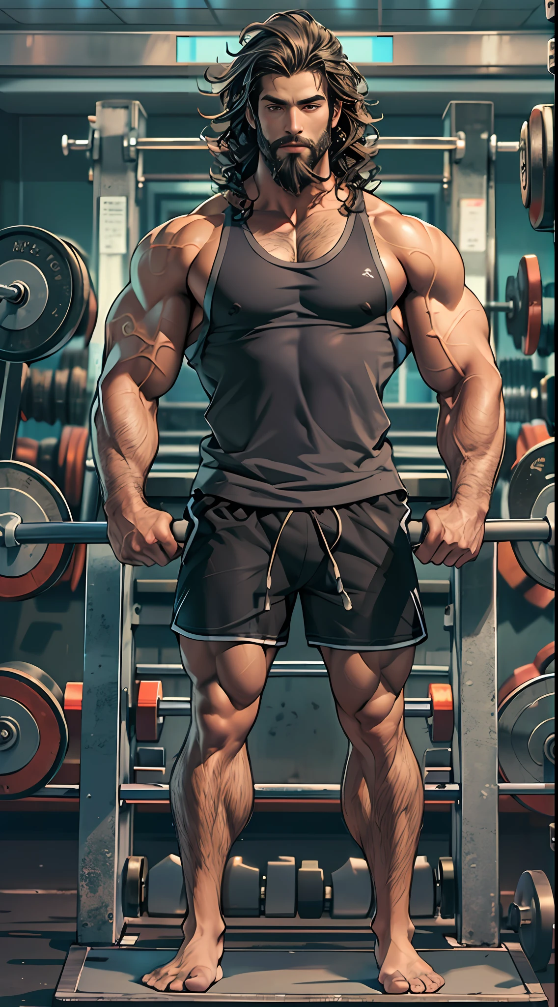 Robust athlete man, upper body revealed, legs uncovered from thighs to feet, bearded with beaded accents, flowing long curls, meticulous muscle definition, lifelike representation, 4K quality. Background: Gymnasium with weights and exercise equipment.,32k uhd, best quality, masterpiece, super detail, high details