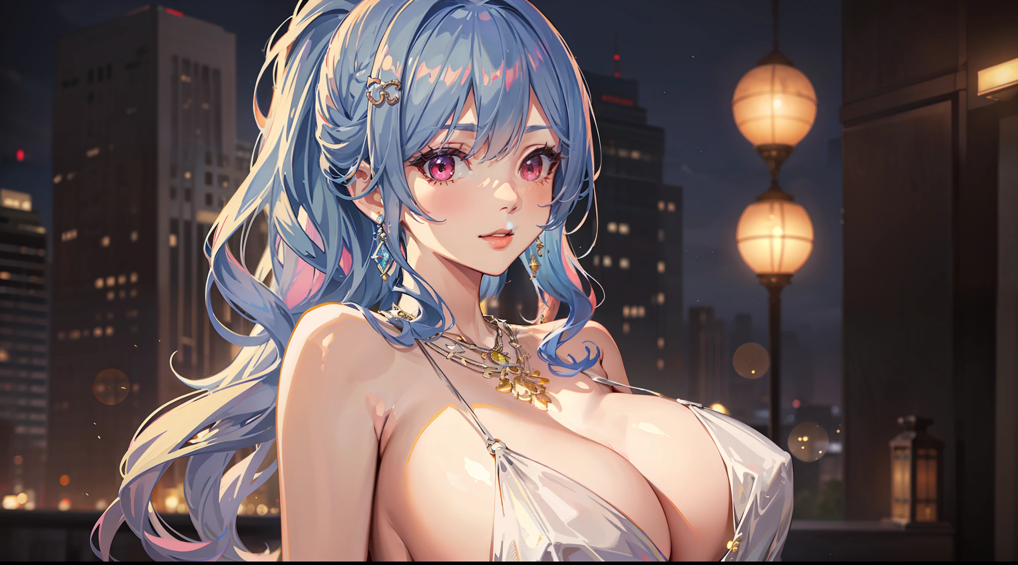 A girl standing in the park at night,Clear sky in the background. Park benches and soft lighting, Rear photo, (Side photography), looking back at the viewer, (Masterpiece), ((Ultra-detailed)), (Highly detailed), (Expressionless), (Best quality: 1.2), 8K, hdr, A high resolution, absurderes: 1.2, Object perspective, Blurred background, Bokeh: 1.1, Lens flare, (vivd colour: 1.2), High quality texture, Detailed texture, High-quality lighting and shadows, a face with perfect proportion, full bodyesbian, Mature and excited body, Detailed skin texture, vibrant, pale and radiant skin, natural saggy breasts, gigantic bosom: 1.5, High waist, Narrow waist: 1.3, Wide hips, Full buttocks, Detailed beautiful face, (PureErosFace_V1:1.3)(Ulzzang-6500:0.4) Detailed beautiful eyes, Symmetrical eyes, Perfect eyes, Seductive eyes, Beautiful nose, High nose, Clear blush, Detailed lips, Earrings, hoop earings, necklace, jewelry, Sapphire heart necklace, Silver-toned high-heeled sandals, Seductive expression, Smile, Perfect hands, Delicate and beautiful fingers, Detailed beautiful legs, photo-realistic hair, detailed hairs, (Silver dress, Red dress, Blue dress), Chisato Nishiki, Long hair, Blonde hair, (Red eyes: 1.5), Hair ribbon, Bob cut, Red hair ribbon,),gigantic cleavage breasts,Japan goddess,blush