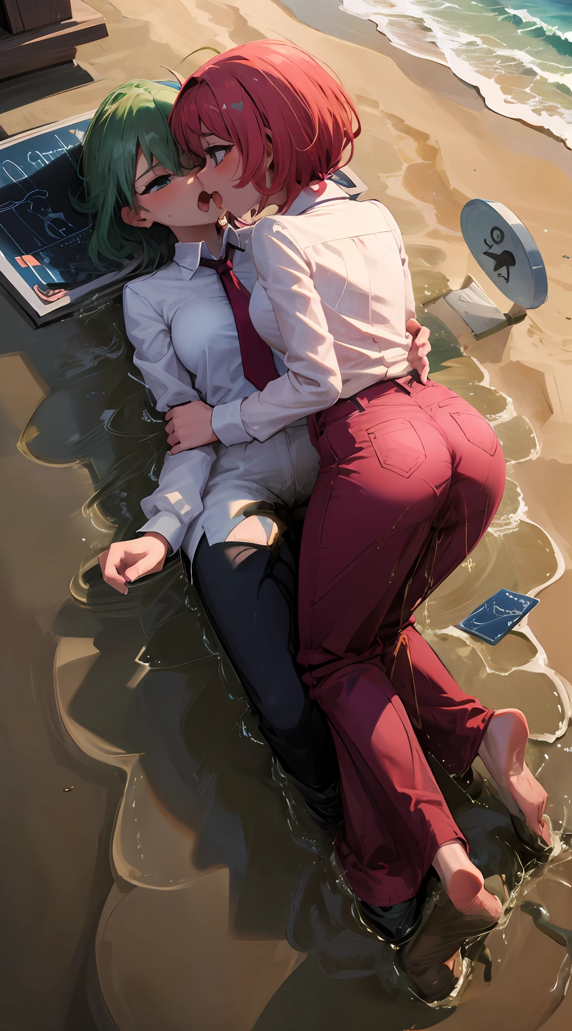 Two women having fun on the beach、obscenity:1,2、Metamorphosis:1,2、Lesbian Mika:1,2、Grabbing each other's buttocks、incontinence、the kiss、 1girl in, Soup, long tongue, (Grave Leather), White collard shirt, red necktie,、tre anatomically correct