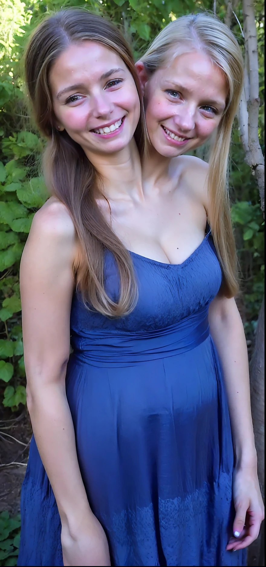 2heads, two headed girl, mom and daughter conjoined to each other, (different ages:1.5), (one torso:1.5), (female:1.5), (blonde:1.5), (two heads attached to one body:1.4), conjoined twins, heads side by side, one body, young, uncomfortable, barefoot, bare breasts
