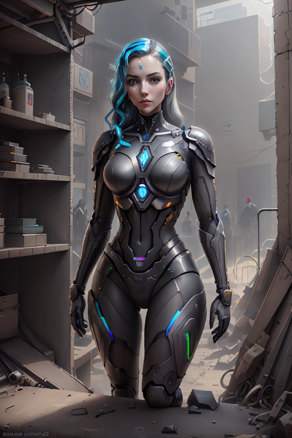 ciborgue de corpo inteiro| Mulher caucasiana, pele clara, cabelo brilho neon, corpo sexy, peitos pequenos, magra, segurando arma futurist, raytracing, hdr, 4k, sony alpha shot, retrato de corpo inteiro| rosto detalhado| symmetr| steampunk| cyberpunk| ciborgue | intrincado detalhado| escalar| hiperrealista| cinematic lighthing| arte digital| arte conceitual| estilo mdjrny-v4