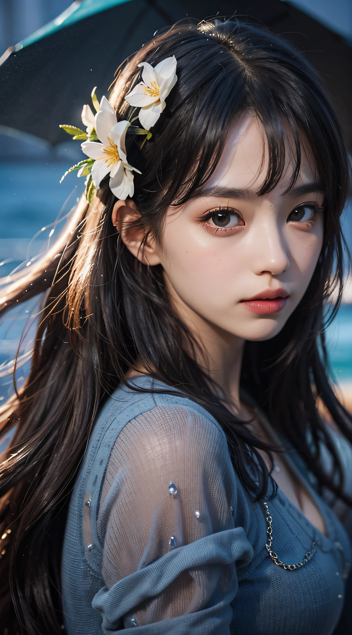 (tmasterpiece:1.2), best qualtiy, A high resolution, Unity 8k壁纸, (illustratio:1.0), beatiful detailed eyes:, Extremely detailed face, perfect litthing, extremaly detailed cg, 1girll, black_eyes, black_hair, blue_background, blue_sky, 夏天, cparted lips, long_hair, looking_at_viewer, nase, the ocean, exteriors, Photorealsitic, photorealestic, red_lips, Skysky, 独奏, upper_body,Ruffle sleeve dress, Chiffon,Artistic sense,ventania, Her expressive eyes twinkled with secret,中景 the scene is,romantic atmoshere,