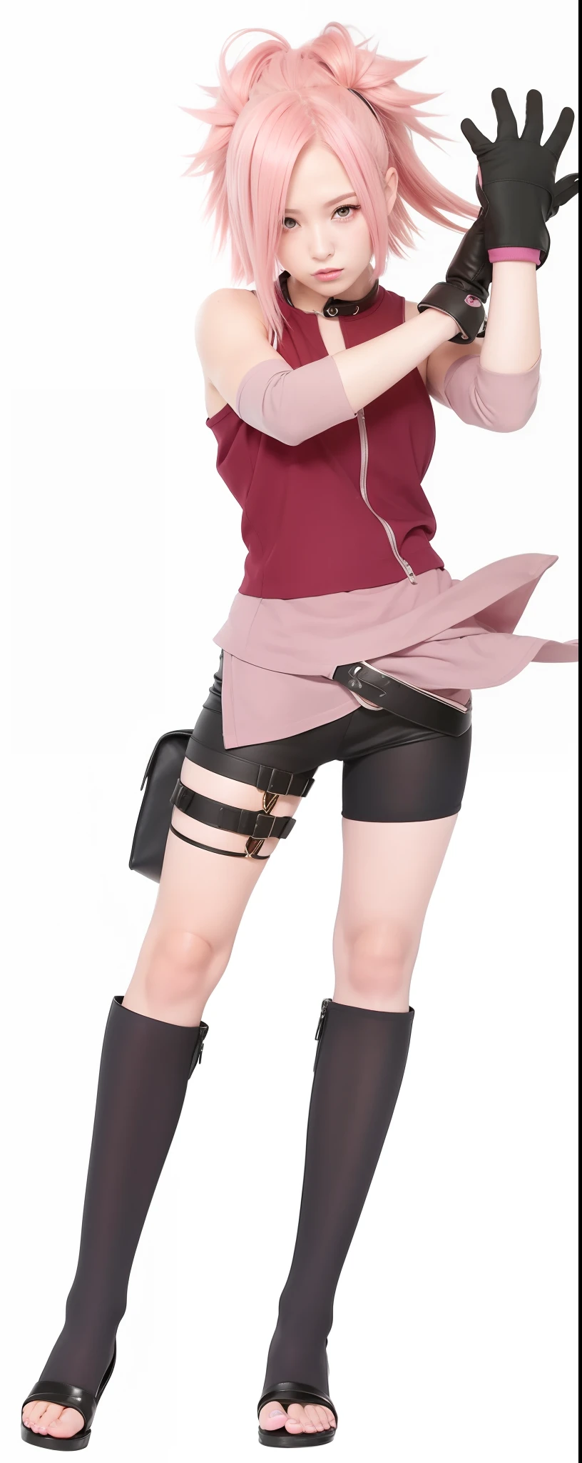 Girl, Sakura Haruno, Teen, Short Pink Hair, Black Gloves, 170cm, Black Long Sandals, Beauty, Pink Clothes