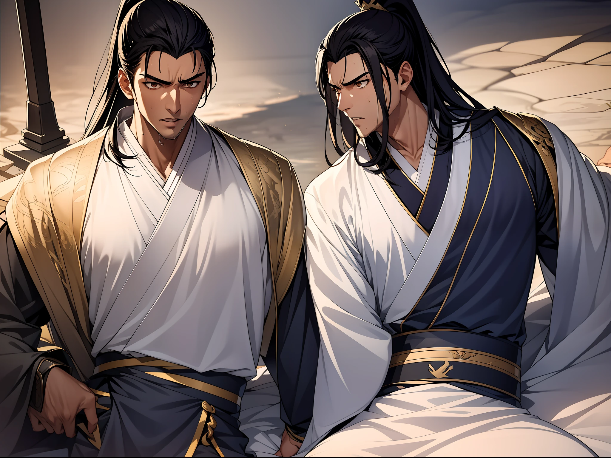 quadratic element,style of anime,1 man(Male Warrior),musculature,The proportions are correct,Face details,swordsmen,High ponytail hairstyle,perspired,Sweat on the face,drools,Neck details,There is an Adam's apple,Get wet,Drenched,Black Hanfu,kaftan,Embroidered robes,Black robe,clothes details,Handing over,longer sleeves,Game quality,Swordsmanship,Light and shadow tracking,Ray traching,detailed glow,cg render,hair detail,cabelos preto e longos,Golden eyes,Sweat on the face,Handsome,Handsome,Beads of sweat slipped down my neck,(juvenile sense),Clothing is complicated,Drenched,Get wet,Perfectcomposition,Refinement,high qulity,higher details,Lots of details,The background is complex,a sense of atmosphere,