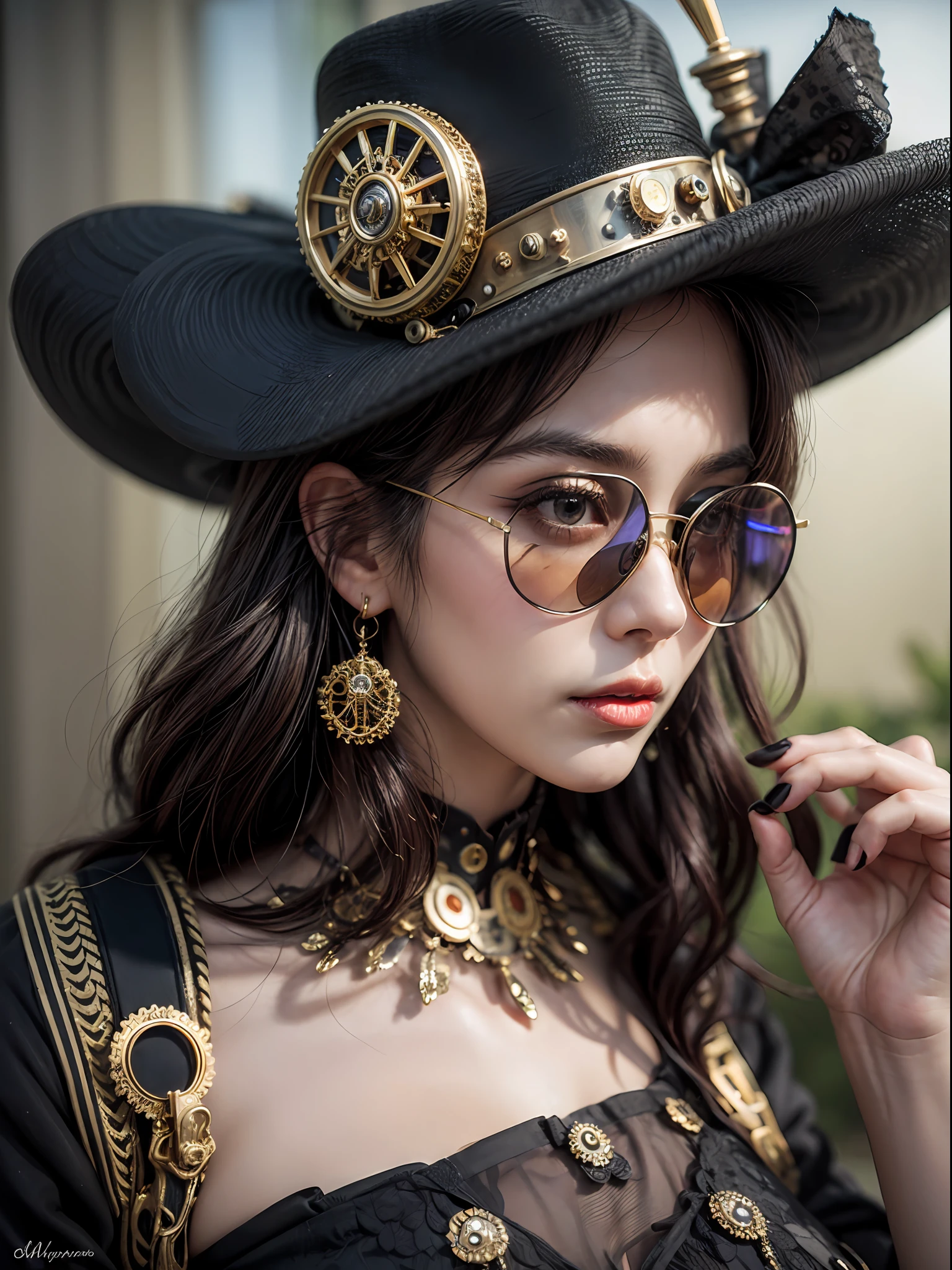 (steampunk),close up, 1girl, lady in the hat and round steel gear, sunglasses, victorian clothes, deep_cleavage, shiny skin, ((steampunk)), cinematography, crafted, elegant, meticulous, magnificent, maximum details, extremely hyper aesthetic, intricately detailed, Hippie Glasses Retro Round Metal, long pants black detail,