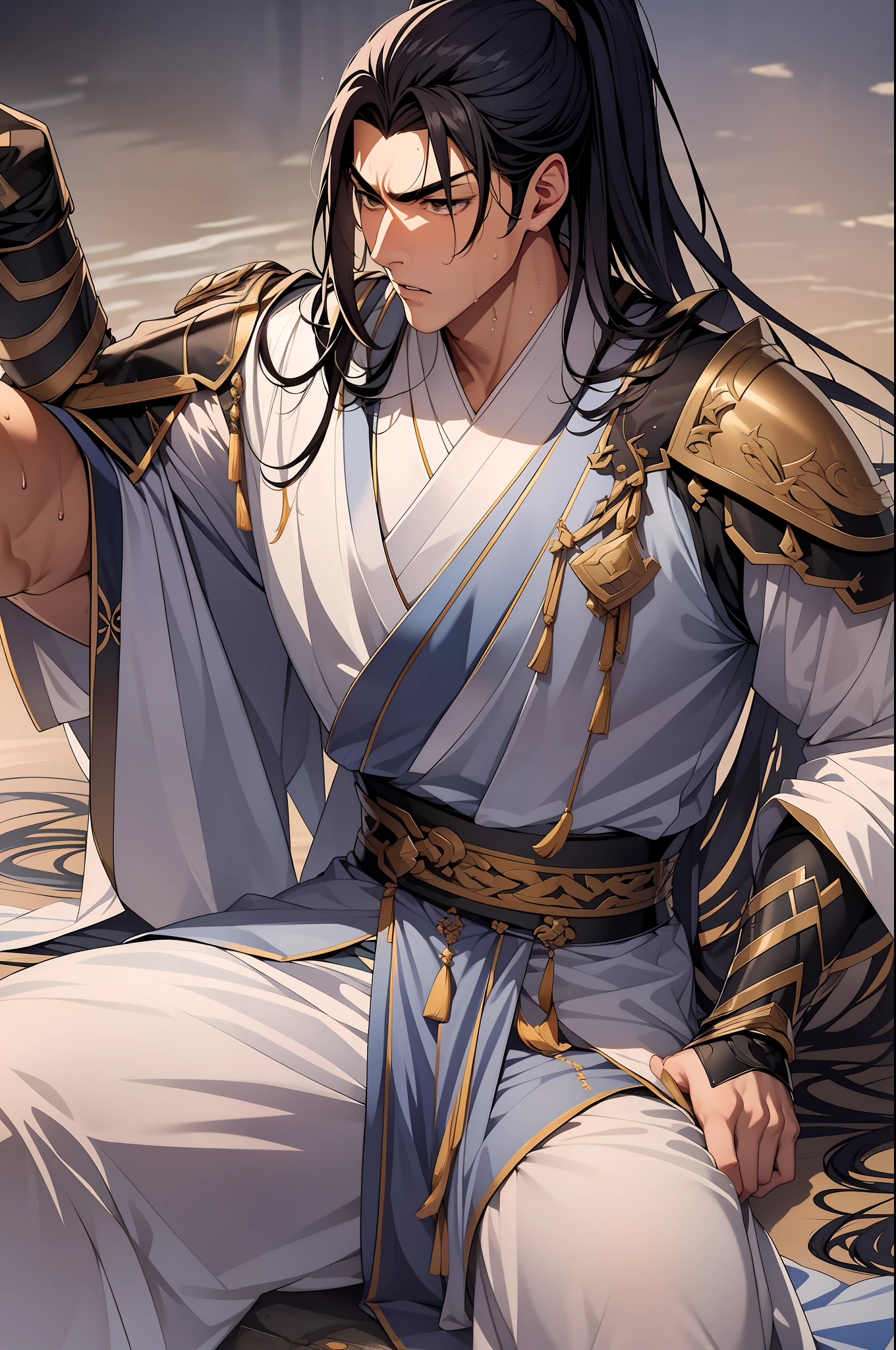 quadratic element,style of anime,1 man(Male Warrior),musculature,The proportions are correct,Face details,swordsmen,High ponytail hairstyle,perspired,Sweat on the face,drools,Neck details,There is an Adam's apple,Get wet,Drenched,Black Hanfu,kaftan,Embroidered robes,Black robe,clothes details,Handing over,longer sleeves,Game quality,Swordsmanship,Light and shadow tracking,Ray traching,detailed glow,cg render,hair detail,cabelos preto e longos,Golden eyes,Sweat on the face,Handsome,Handsome,Beads of sweat slipped down my neck,(juvenile sense),Clothing is complicated,Drenched,Get wet,Perfectcomposition,Refinement,high qulity,higher details,Lots of details,The background is complex,a sense of atmosphere,