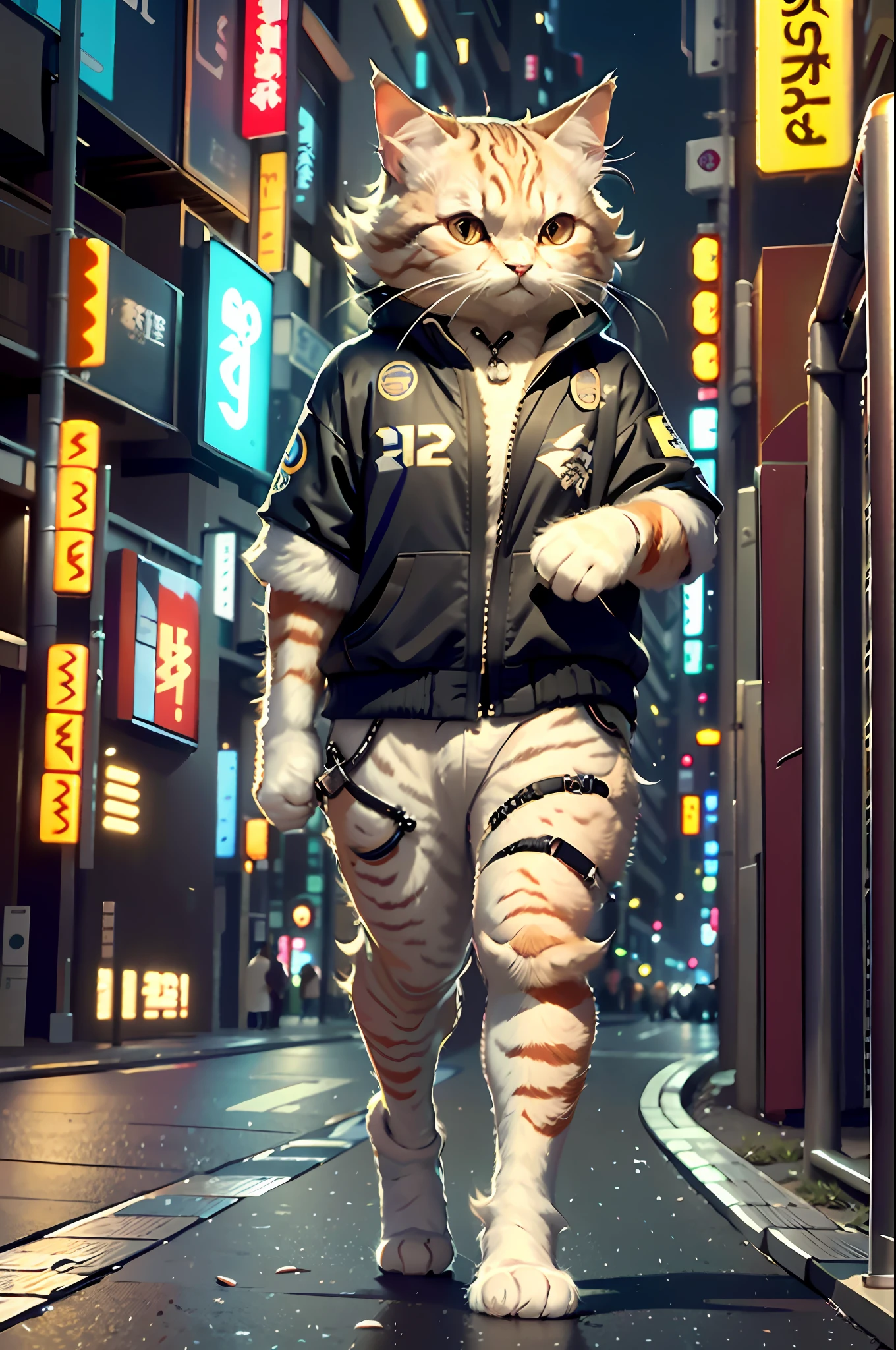 White female c4ttitude, Attentive eyes ,fur, challenger, agile, engaging, Fashion clothing,nylon, Fast paws,walking at street, (Tokyo Night Street Background 2021),Masterpiece, Best quality, Ultra-detailed,8K wallpaper,Hyper-Resolution， Unreal 5