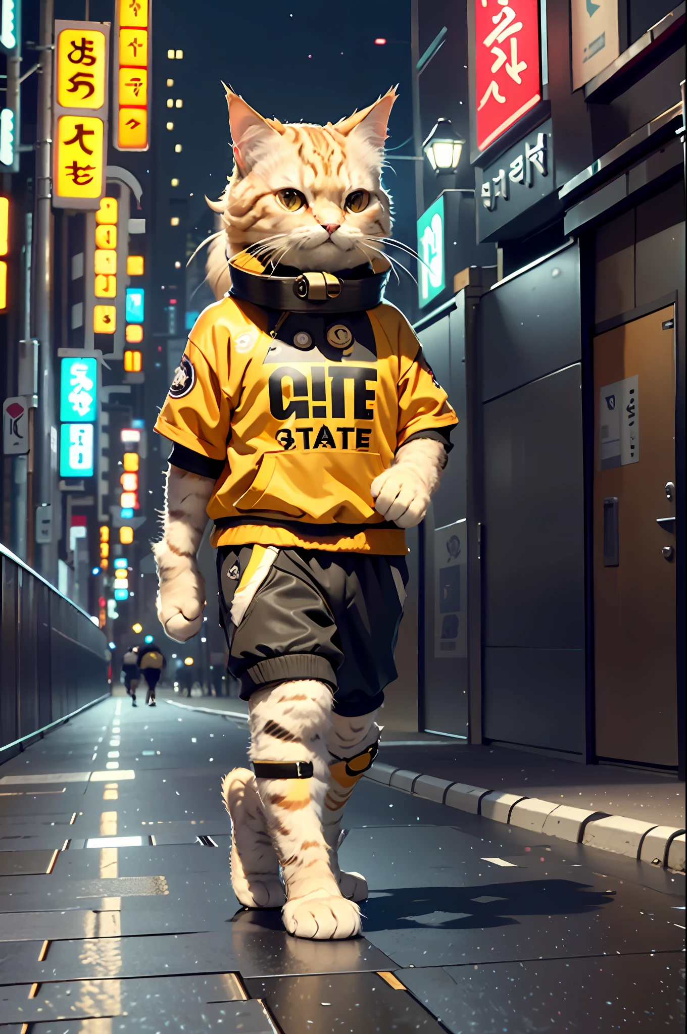 White female c4ttitude, Attentive eyes ,fur, challenger, agile, engaging, Fashion clothing,nylon, Fast paws,walking at street, (Tokyo Night Street Background 2021),Masterpiece, Best quality, Ultra-detailed,8K wallpaper,Hyper-Resolution， Unreal 5
