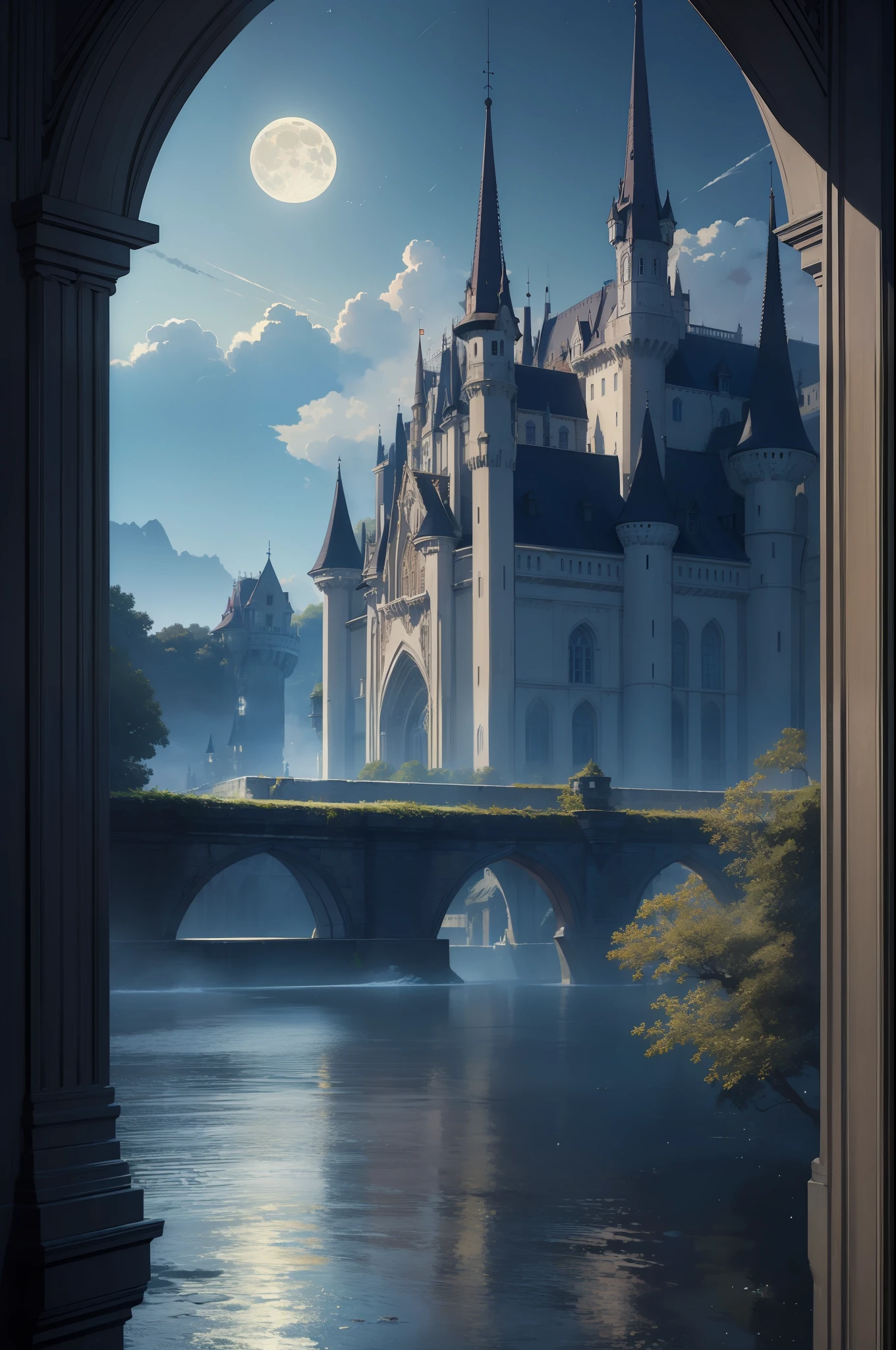 (masterpiece:1.5) , (bestquality), highlydetailed, ultra-detailed, dark, lunar, moonlit night , mysterious castle