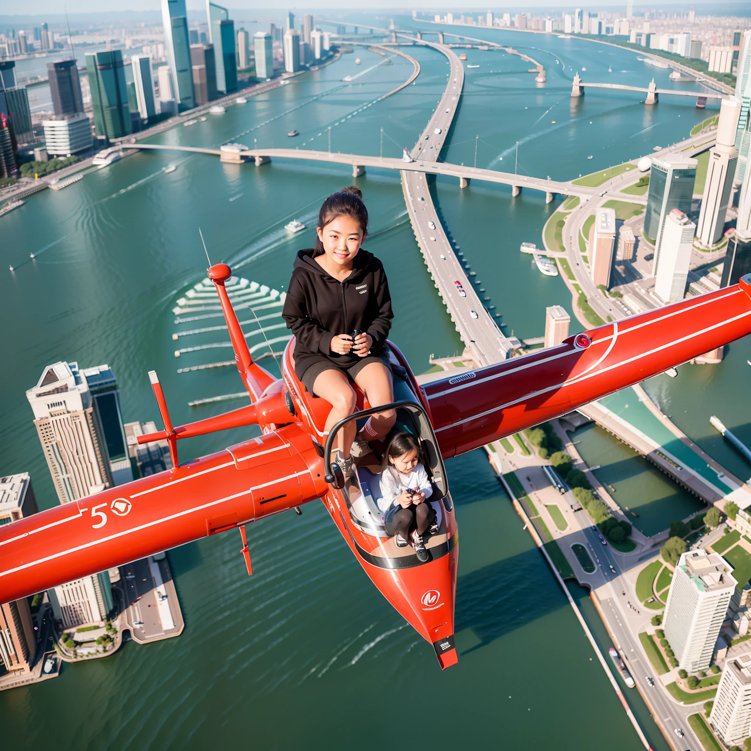 Overlooking the whole family，Canon shooting，15 year old girl on a 15m helicopter，See the Bund with a telescope