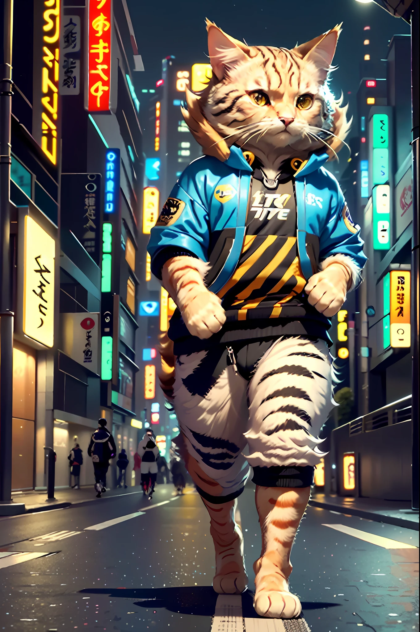 White female c4ttitude, Attentive eyes ,fur, challenger, agile, engaging, Fashion clothing,nylon, Fast paws,walking at street, (Tokyo Night Street Background 2021),Masterpiece, Best quality, Ultra-detailed,8K wallpaper,Hyper-Resolution， Unreal 5