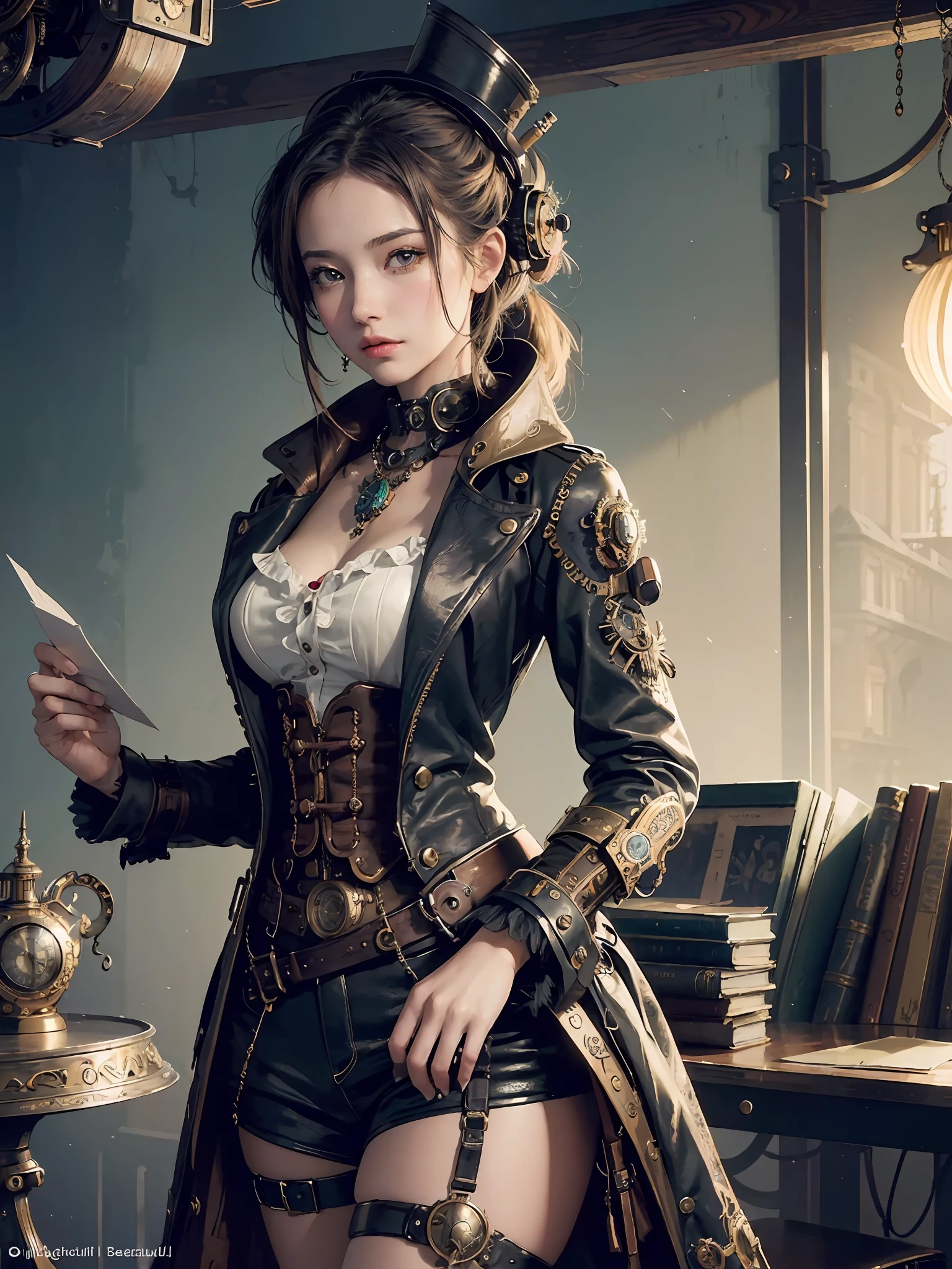 (masterpiece, top quality, best quality, official art, beautiful and aesthetic:1.2), (1girl:1.3), extreme detailed,(Steampunk:1.2),colorful,highest detailed, post office, writing letter