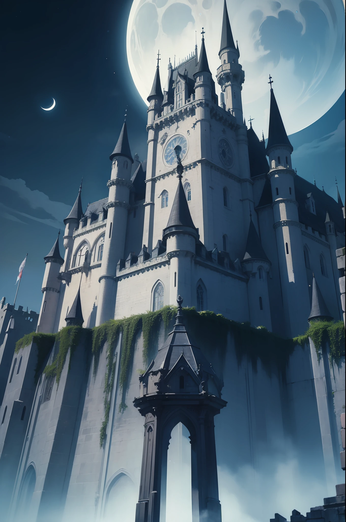 (masterpiece:1.5) , (bestquality), highlydetailed, ultra-detailed, dark, lunar, moonlit night , mysterious castle