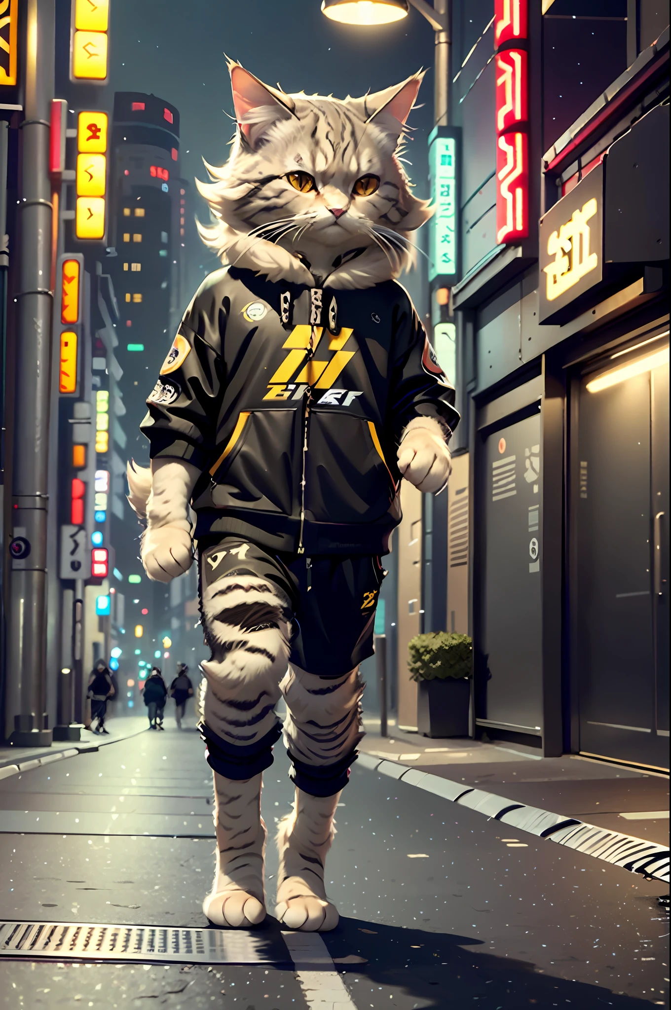 White female c4ttitude, Attentive eyes ,fur, challenger, agile, engaging, Fashion clothing,nylon, Fast paws,walking at street, (Tokyo Night Street Background 2021),Masterpiece, Best quality, Ultra-detailed,8K wallpaper,Hyper-Resolution， Unreal 5