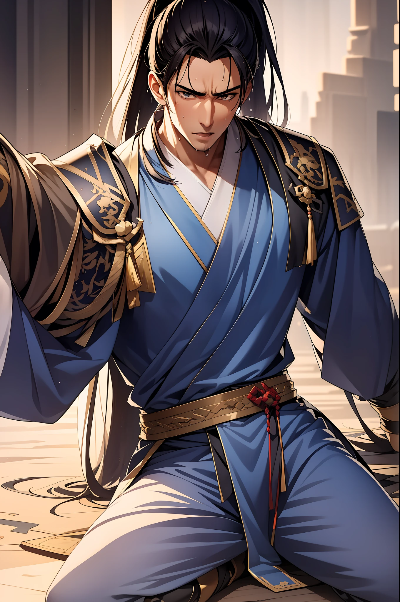 quadratic element,style of anime,1 man(Male Warrior),musculature,The proportions are correct,Face details,swordsmen,High ponytail hairstyle,perspired,Sweat on the face,drools,Neck details,There is an Adam's apple,Get wet,Drenched,Black Hanfu,kaftan,Embroidered robes,Black robe,clothes details,Handing over,longer sleeves,Game quality,Swordsmanship,Light and shadow tracking,Ray traching,detailed glow,cg render,hair detail,cabelos preto e longos,Golden eyes,Sweat on the face,Handsome,Handsome,Beads of sweat slipped down my neck,(juvenile sense),Clothing is complicated,Drenched,Get wet,Perfectcomposition,Refinement,high qulity,higher details,Lots of details,The background is complex,a sense of atmosphere,