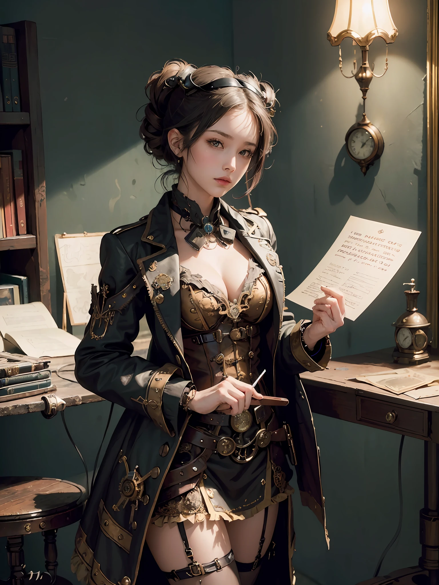 (masterpiece, top quality, best quality, official art, beautiful and aesthetic:1.2), (1girl:1.3), extreme detailed,(Steampunk:1.2),colorful,highest detailed, post office, writing letter