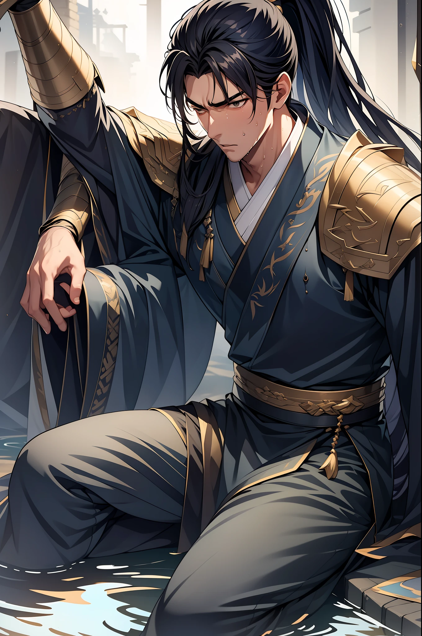 quadratic element，style of anime，1 man（Male Warrior），musculature，The proportions are correct，Face details，swordsmen，High ponytail hairstyle，perspired，Sweat on the face，drools，Neck details，There is an Adam's apple，Get wet，Drenched，Black Hanfu，kaftan，Embroidered robes，Black robe，clothes details，Handing over，longer sleeves，Game quality，Swordsmanship，Light and shadow tracking，Ray traching，detailed glow，cg render，hair detail，cabelos preto e longos，Golden eyes，Sweat on the face，Handsome，Handsome，Beads of sweat slipped down my neck，（juvenile sense），Clothing is complicated，Drenched，Get wet，Perfectcomposition，Refinement，high qulity，higher details，Lots of details，The background is complex，a sense of atmosphere，