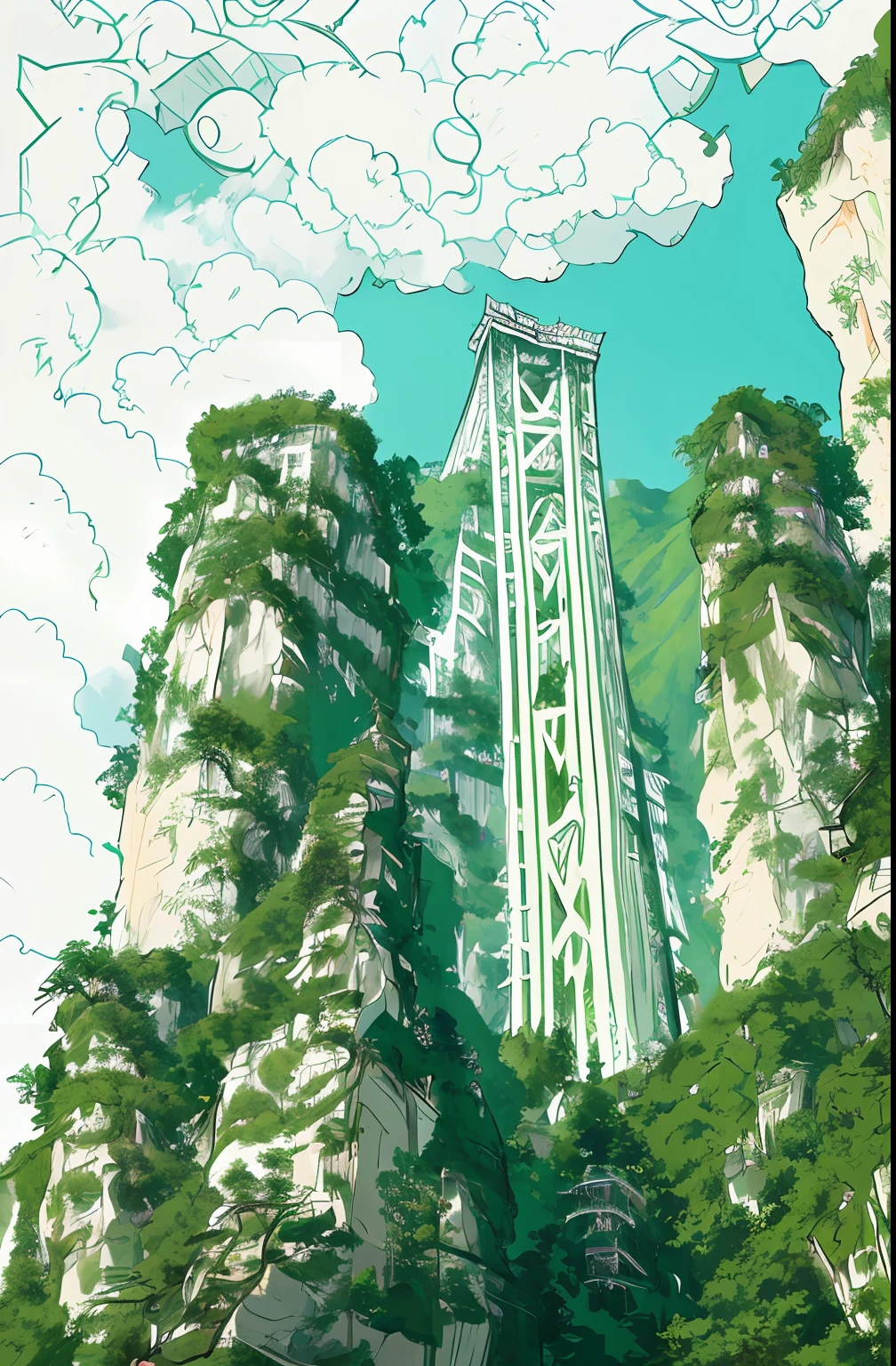 This is the Bailong Sky Ladder in Zhangjiajie National Forest Park,Line drawing style,There are mountains,There are greenery