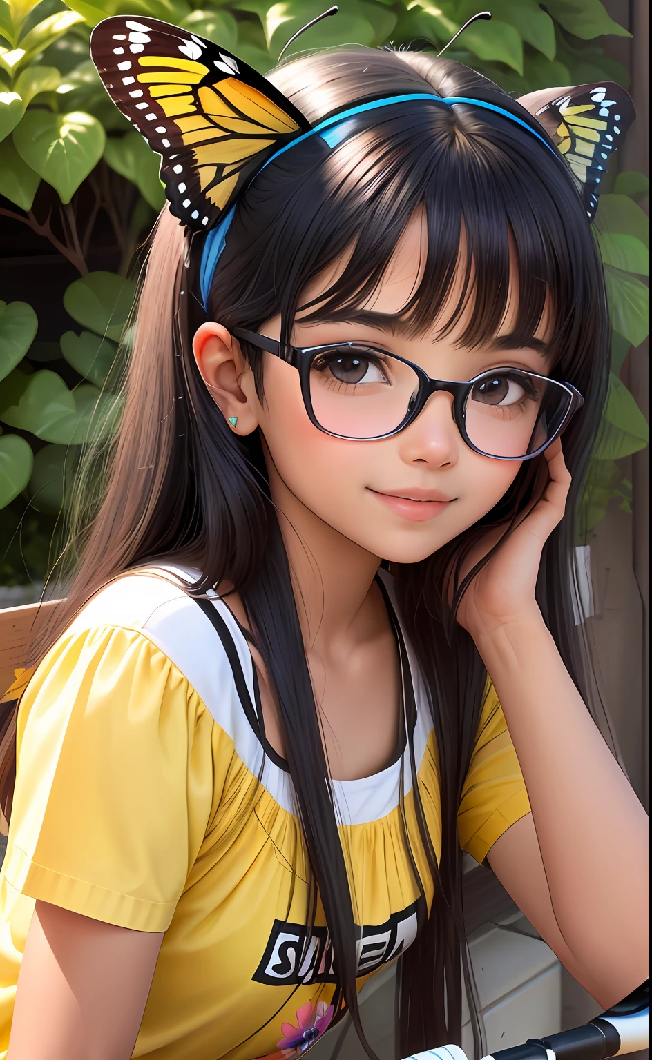 (highres, High lighting, 16k), red rimmed glasses, rosto longo, 1girl, Negra, rosto, rosto detalhado, olho azul, sentada em uma bicicleta com uma cesta na bicicleta repleta de flores nojardim, cabelo muito curto encaracolado, She has a butterfly on her head, rosto fechado, sol no meio-dia, sorriso, :), olhando para o espectador, perto - intensidade acima, vestido amarelo com muitas flores coloridas , olhos meio fechados,