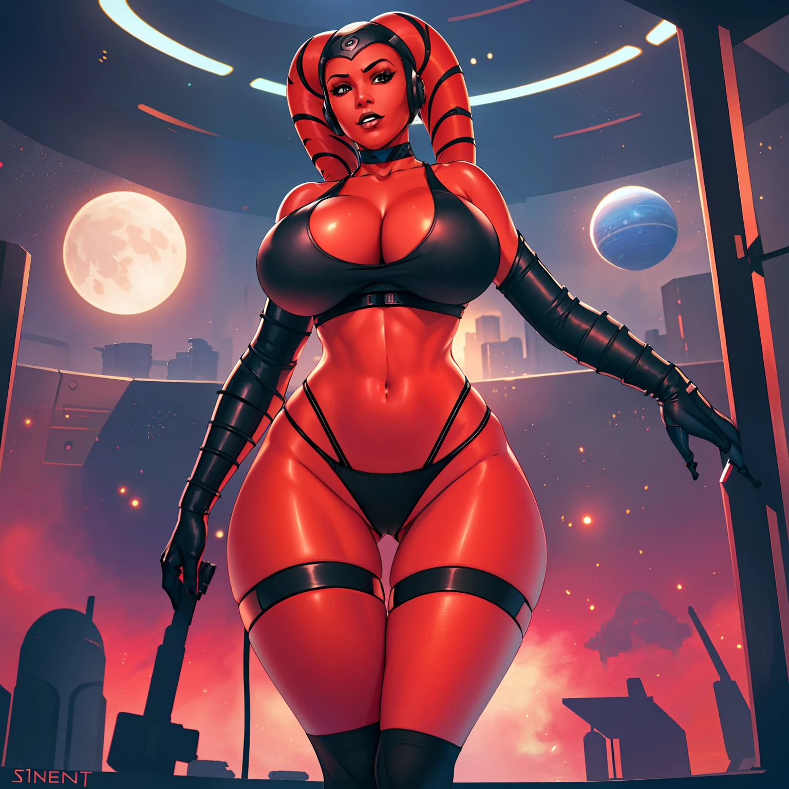1girl, busty, gigantic breasts, masterpiece, best quality, high-definition, ((red skin), twi'lek), evil space knight, space ninja, (wearing black tank top, panties, socks, ((busty)), slender body, thin, slim sexy body, slim waist, (((huge breasts)))), futuristic apartment,, Star Wars,