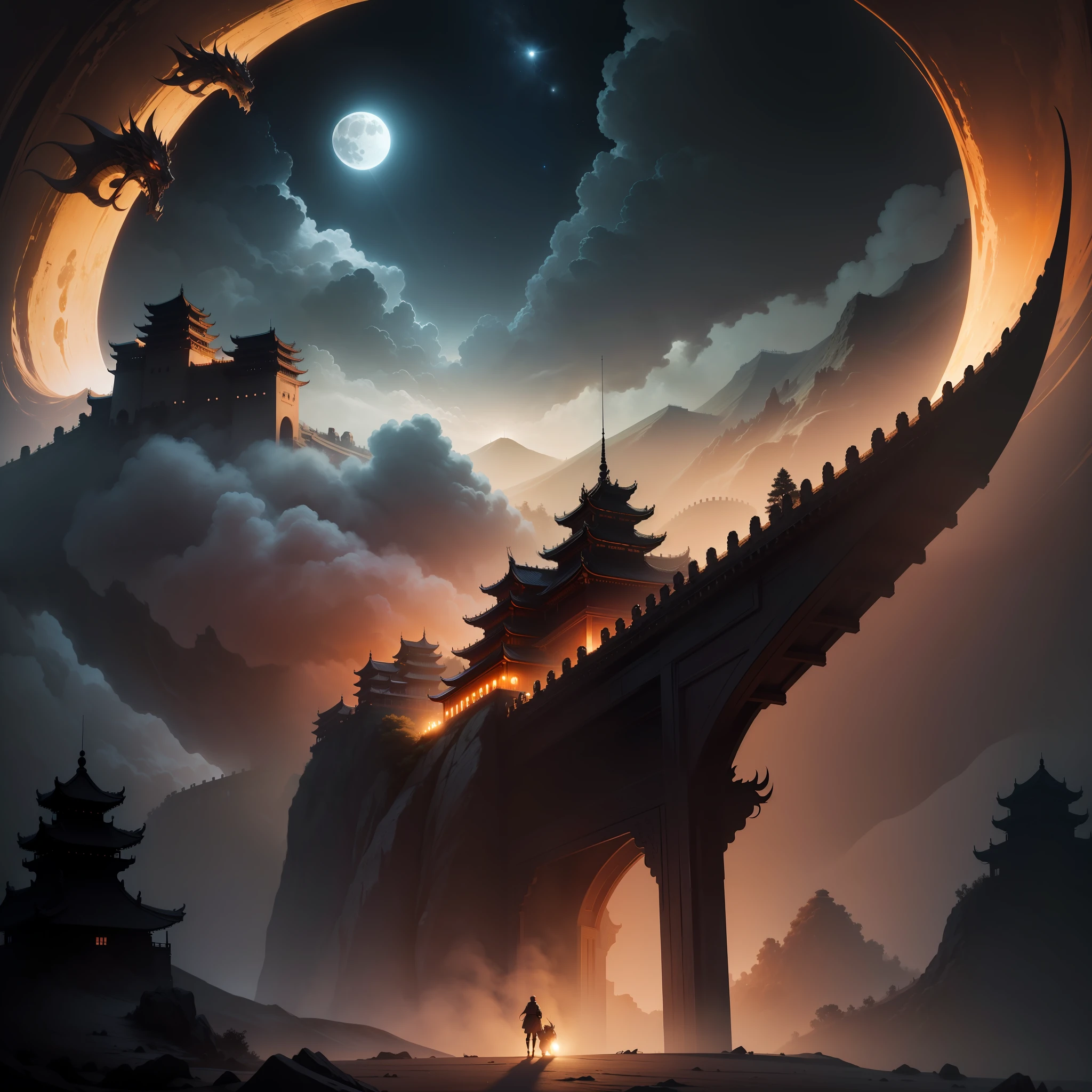 (deep in the night)best qualtiy,1080K,Natural light,Dark clouds in the sky obscured half of the moon。The ground is lifeless,A golden dragon circled in the middle, and white mist surrounded an ancient Chinese fortress in dark red。You can see the city lights in the distance,Surrealism, Futurism, from below, super detail, high details, highres, masterpiece, UHD