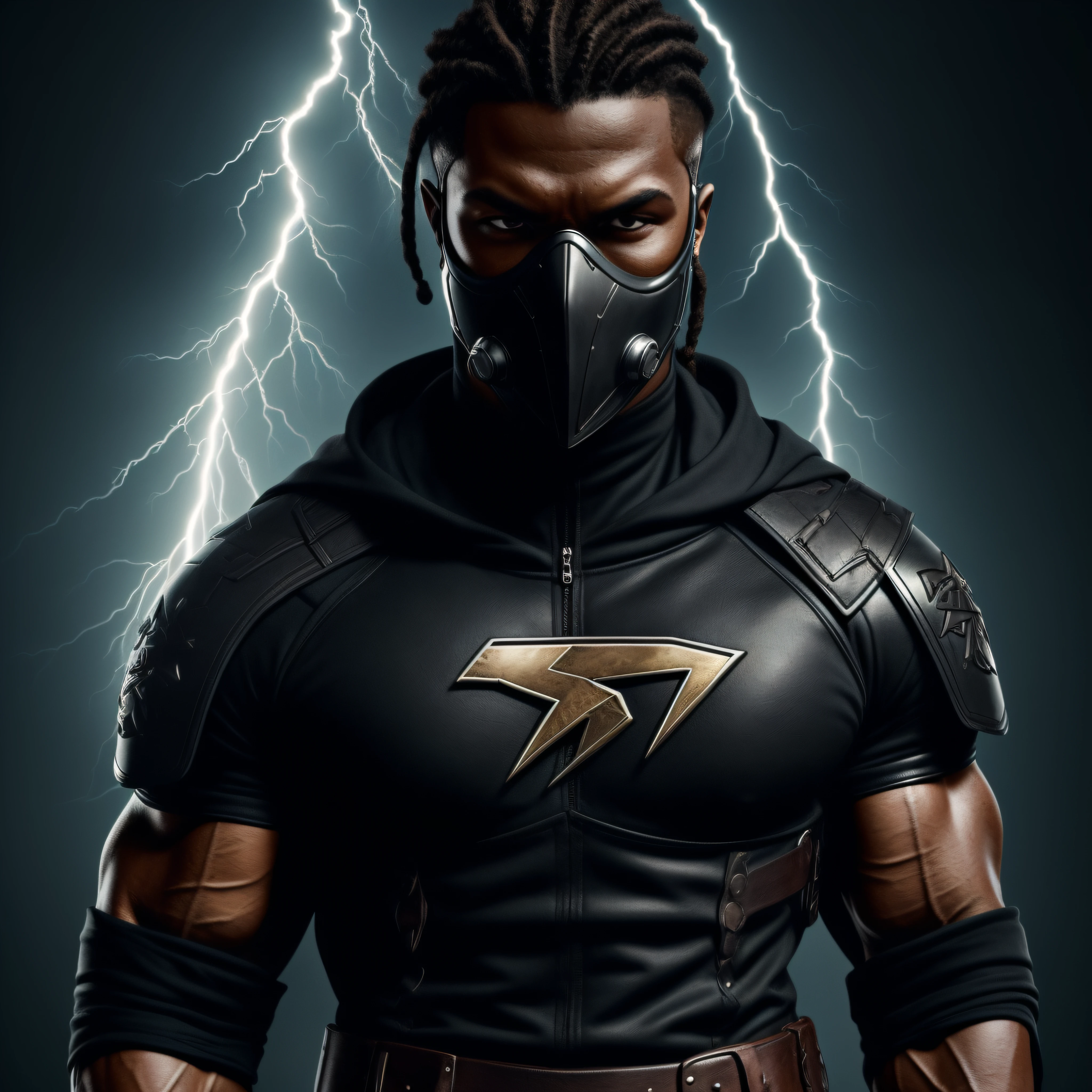 Super Shock Character Image, Dark Style Clothes with Lightning Symbol on plate, Mask, Male Character, Black Skin Color, Male Dread, Strong Physique, Wallpaper Style, Tabby, Detailed Image, Realistic Picture, Series Faithful, Cinematic Setting, Dark Shadow Style, Realistic, Detailed, High Quality Resolution, Dark Style